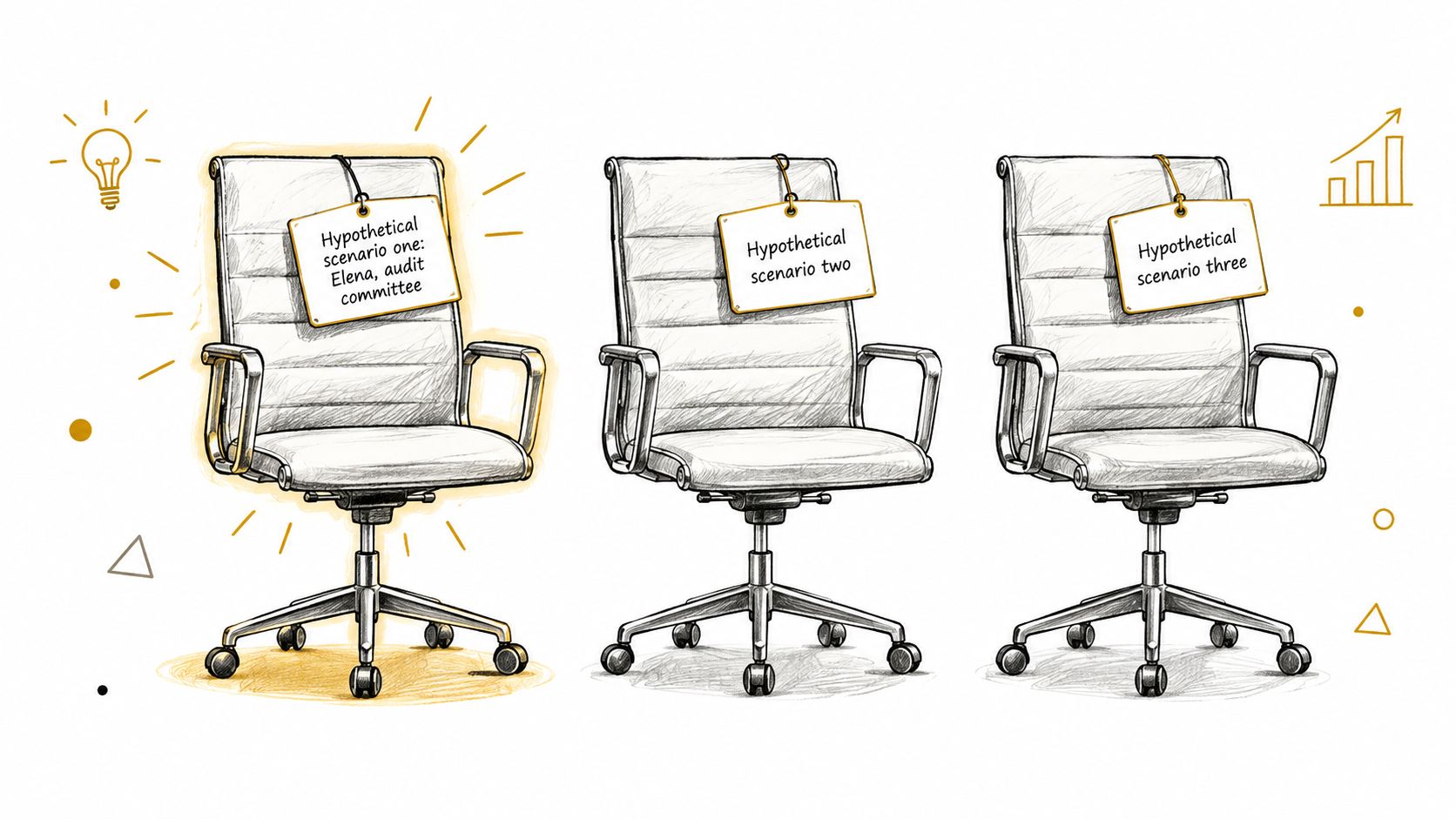 A digital illustration showing three office chairs with tags representing different hypothetical scenarios for a role.