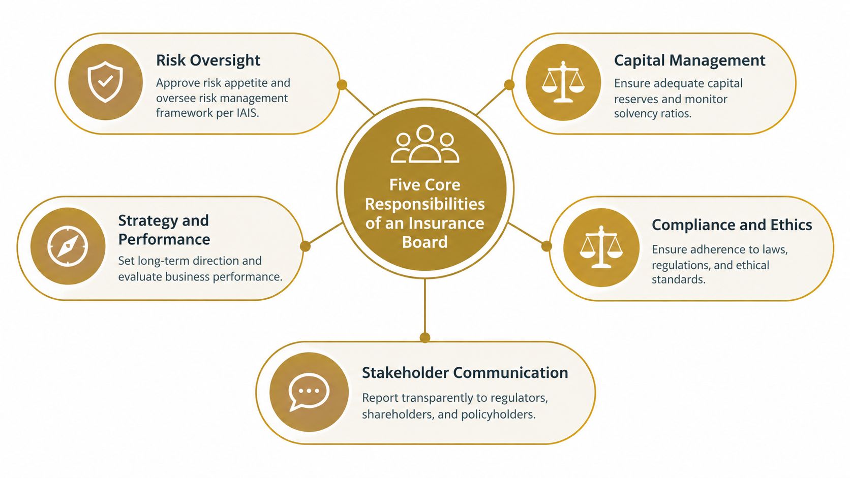 A diagram outlining the five core responsibilities of an insurance board, including risk oversight and capital management.