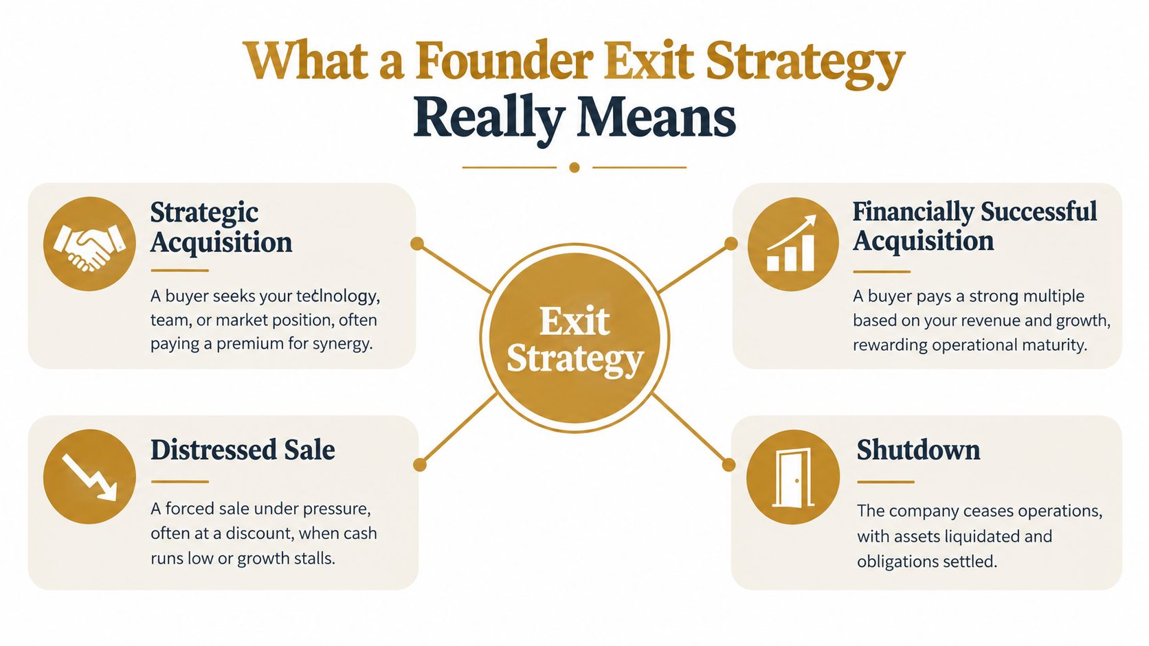 A diagram illustrating four common types of founder exit strategies: strategic acquisition, financially successful acquisition, distressed sale, and shutdown.