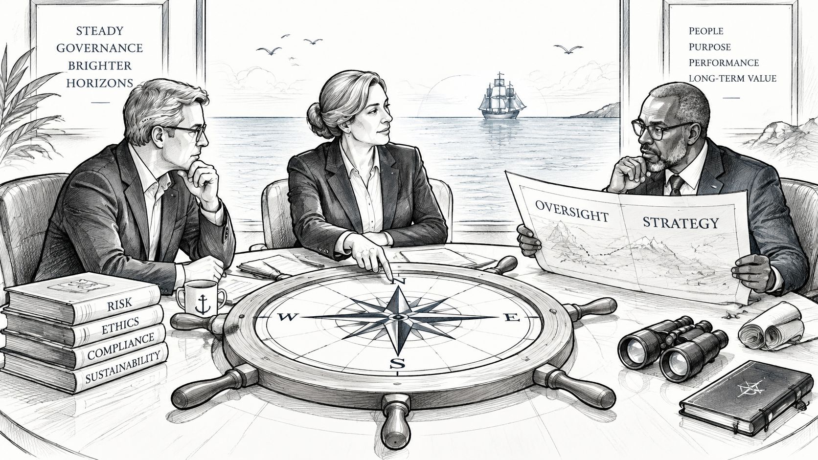 Three business executives in a boardroom planning strategy around a large compass on a table.