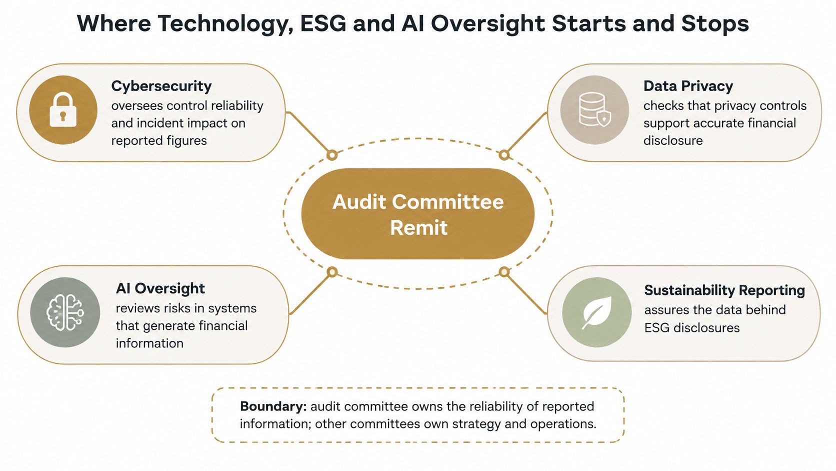 A diagram illustrating the audit committee remit regarding cybersecurity, data privacy, AI oversight, and sustainability reporting.