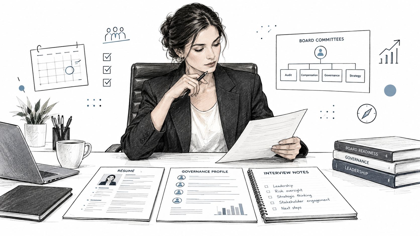A professional woman in a suit sitting at a desk reviewing board governance documents and interview notes.