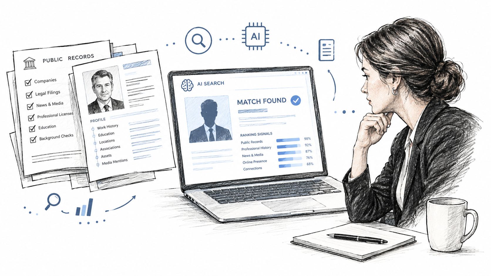 A professional woman uses AI software on her laptop to search and analyze public records for a candidate.