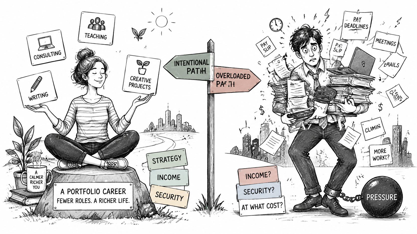 A comparison illustration between an intentional portfolio career lifestyle versus an overwhelmed, high-pressure traditional career path.