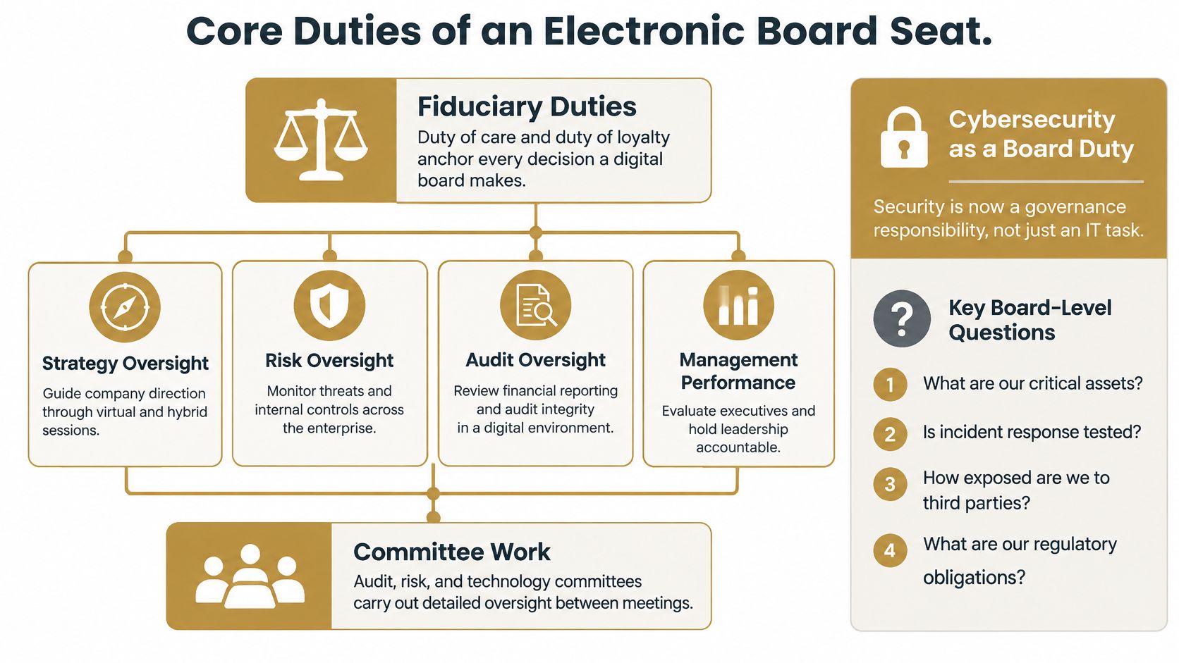 A diagram outlining the core duties of electronic board seats, including fiduciary, strategic, and cybersecurity governance responsibilities.