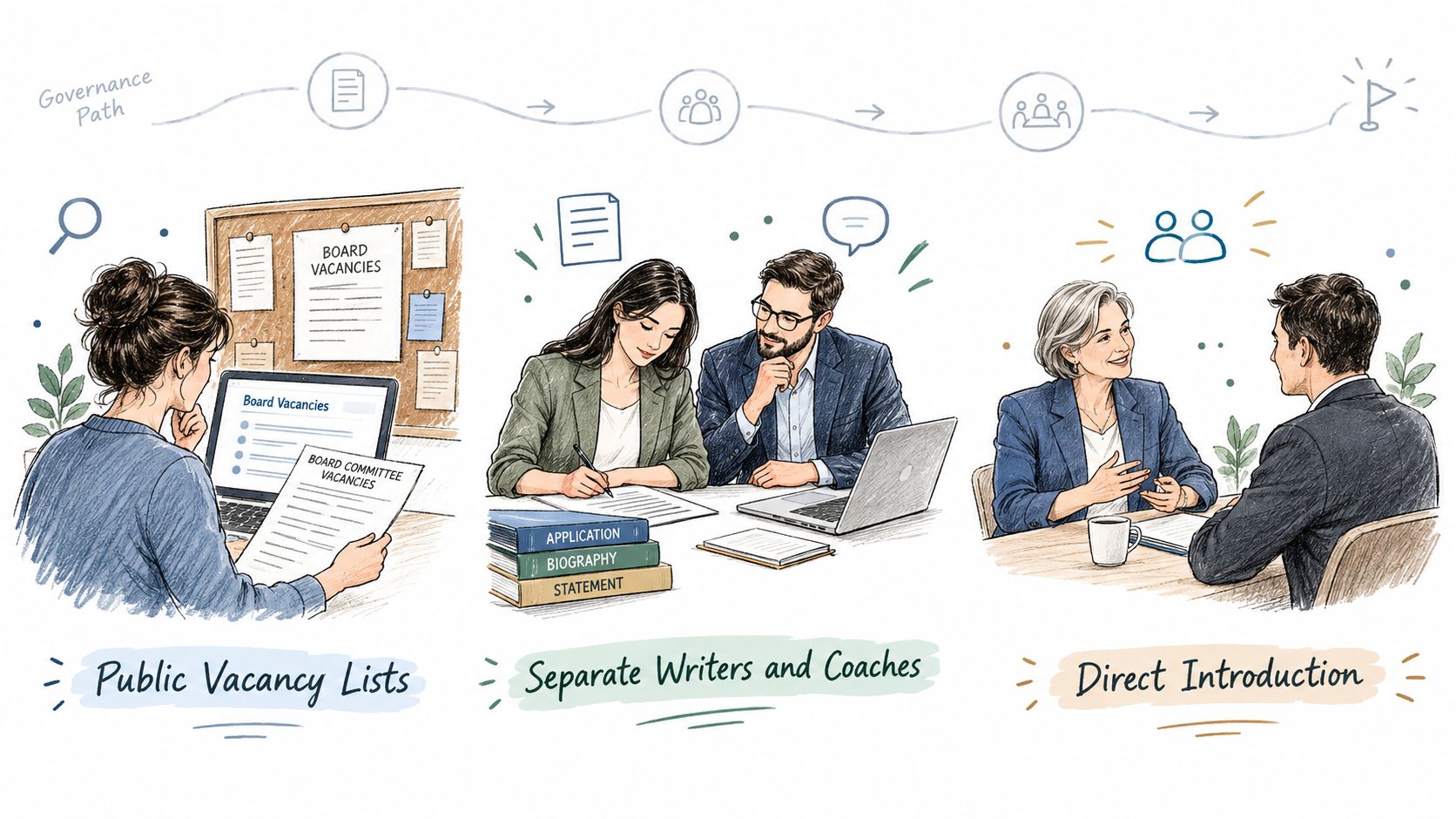 An illustration showing three steps for finding board committees, including checking lists, drafting documents, and networking.