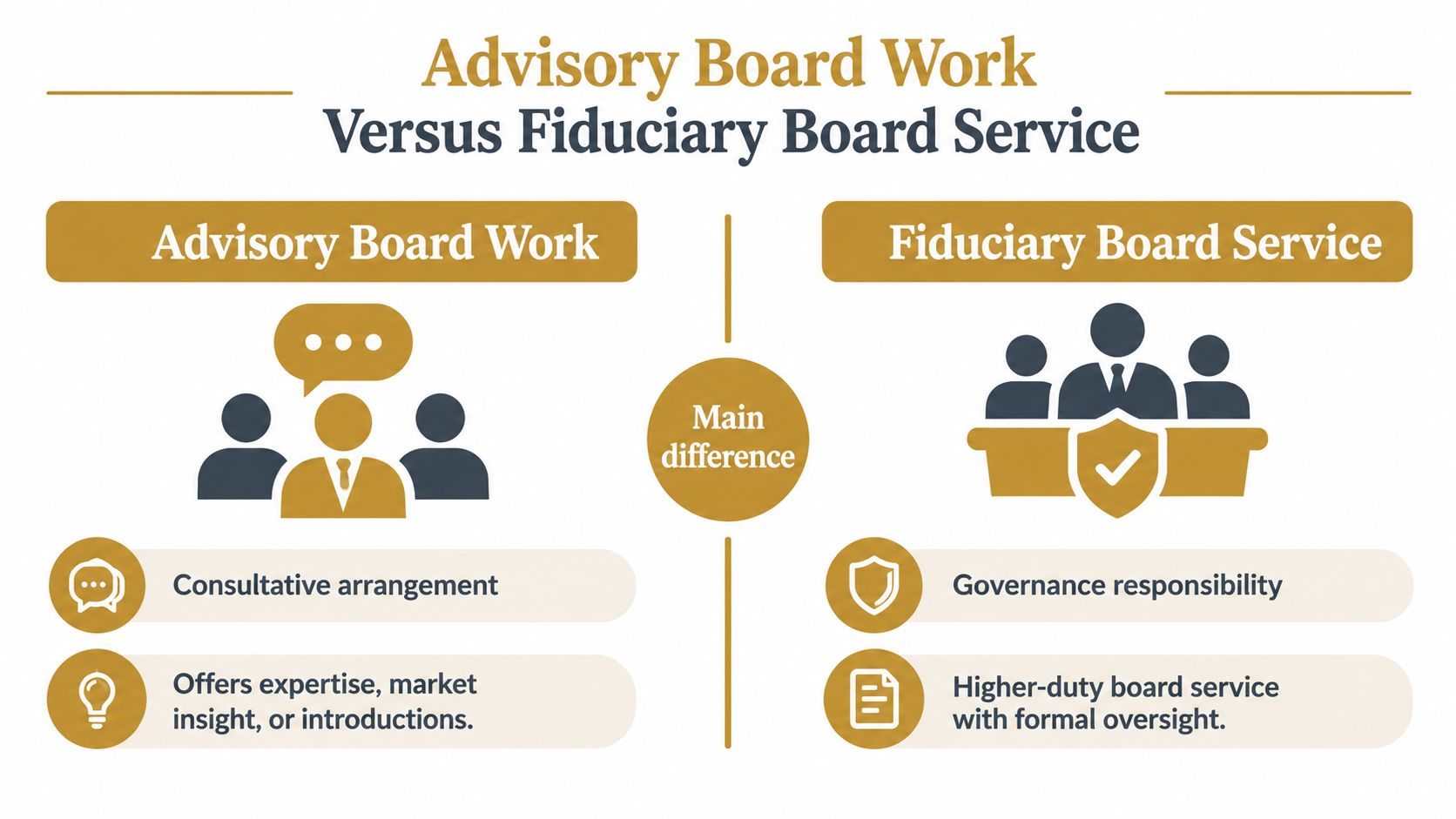 A diagram contrasting the roles of advisory board work versus fiduciary board service in a corporate context.