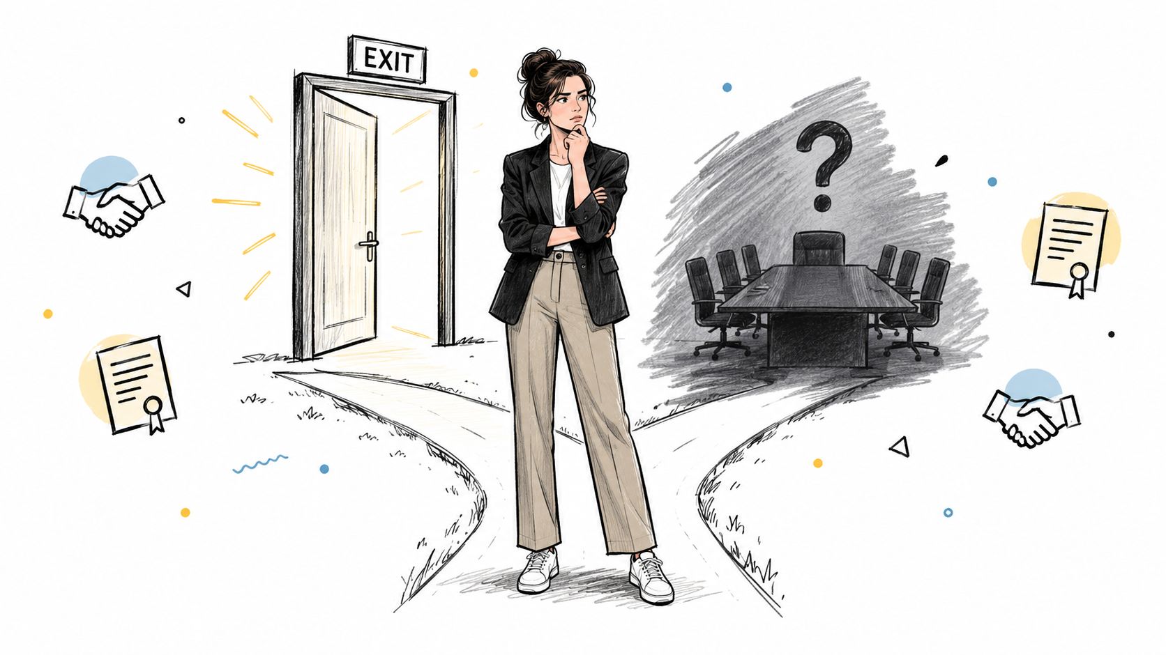 A professional woman standing at a fork in the road choosing between an exit door and a boardroom.