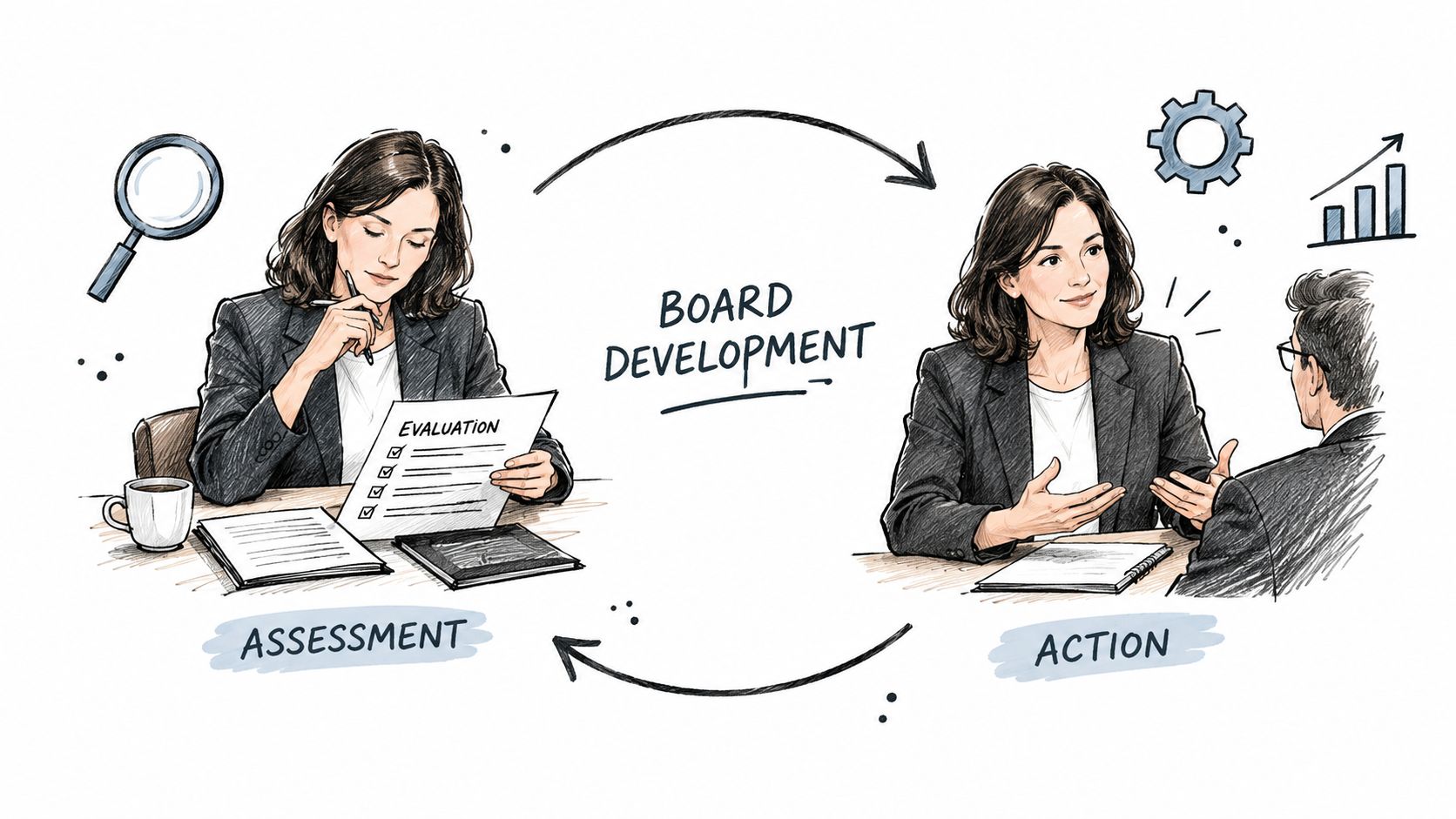 A diagram illustrating the board development cycle showing assessment and action phases with business professionals in discussion.