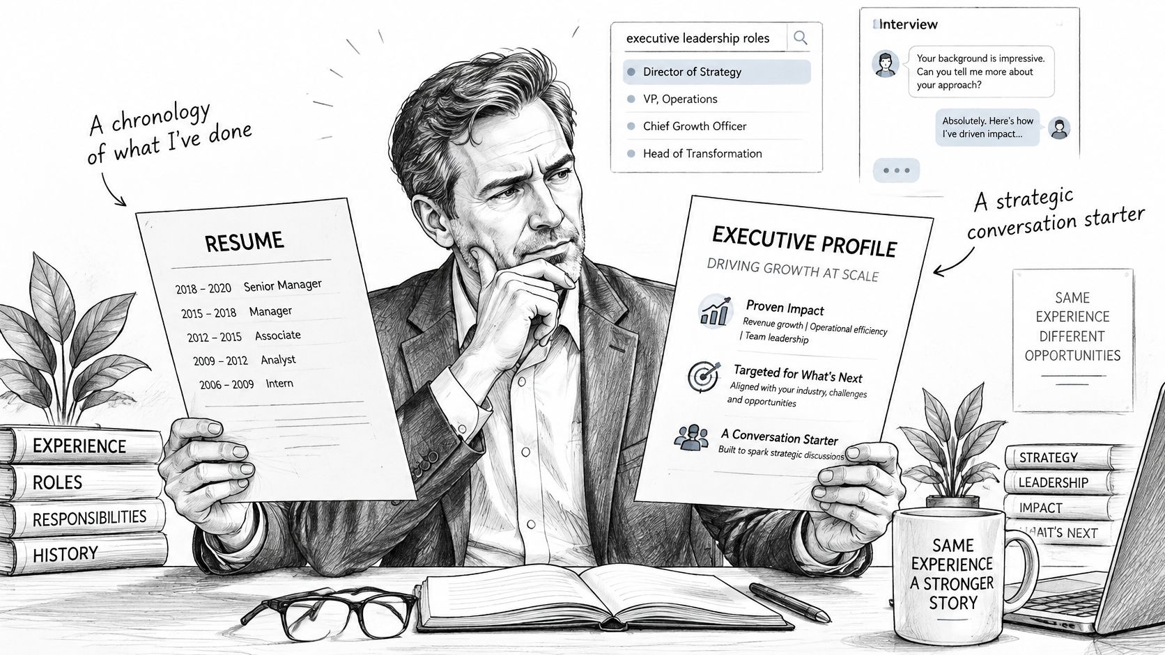 A professional man compares his traditional chronological resume with a strategic executive profile document.