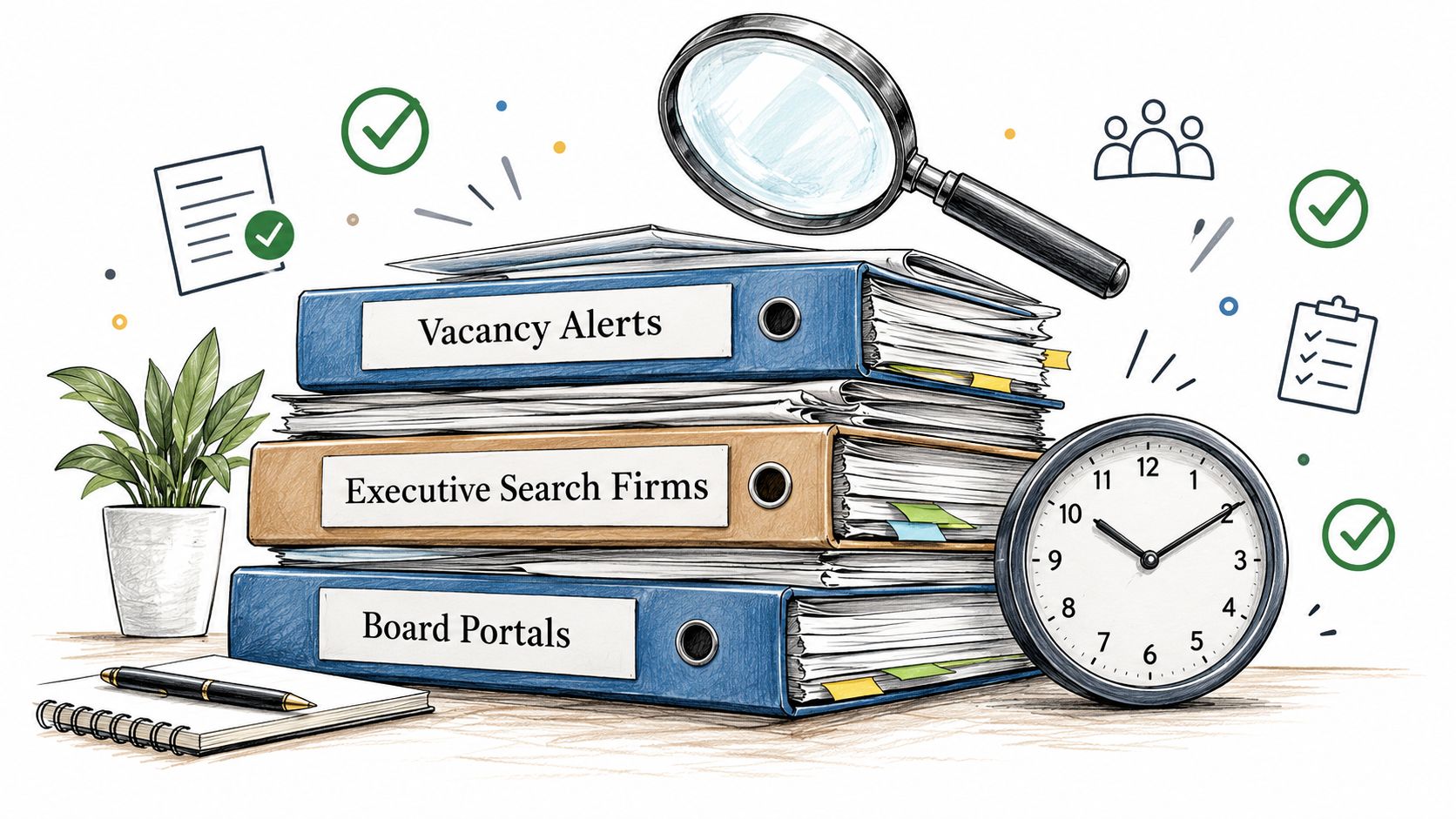 A stack of office binders labeled Vacancy Alerts, Executive Search Firms, and Board Portals with a clock.