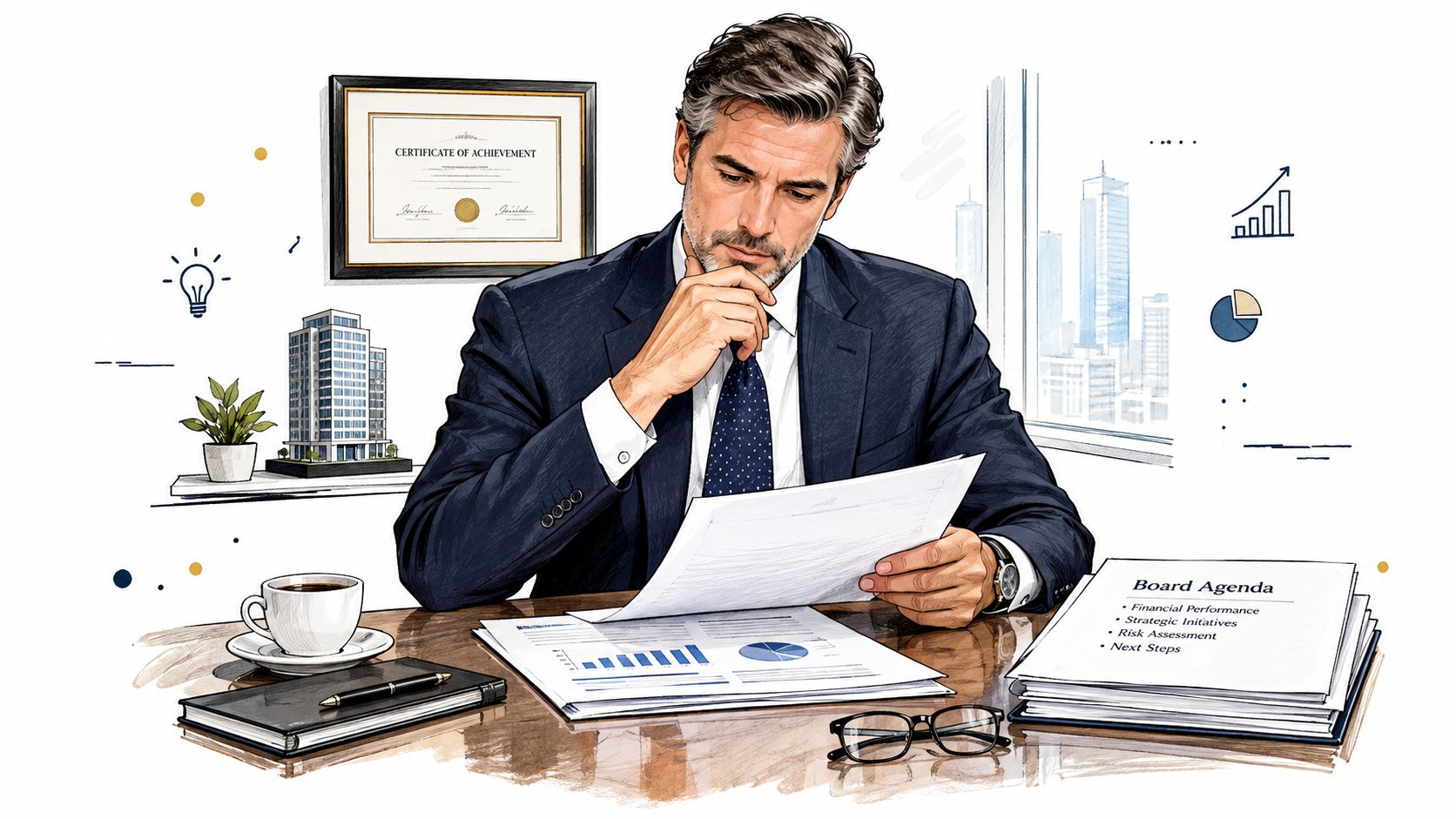 A professional man in a business suit reviewing financial reports at a desk with an office agenda.