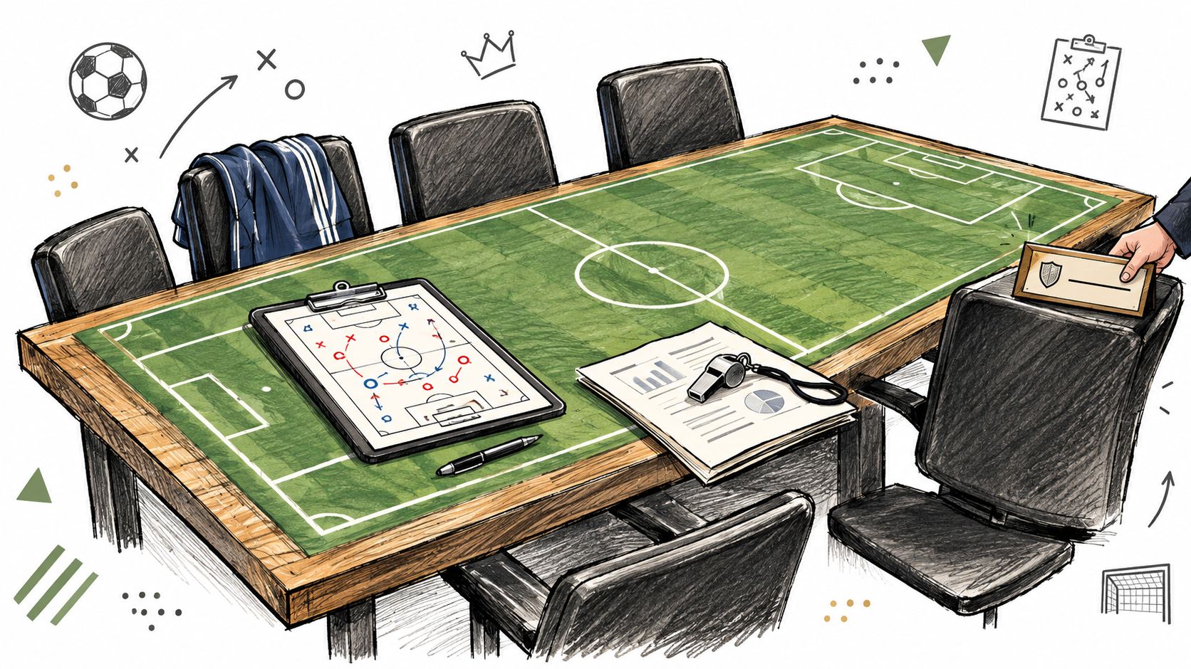 A boardroom table designed like a soccer field featuring a clipboard with tactics and a coach's whistle.