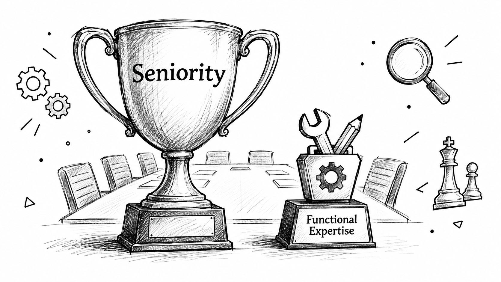 A black and white sketch showing two trophies, one for Seniority and one for Functional Expertise.