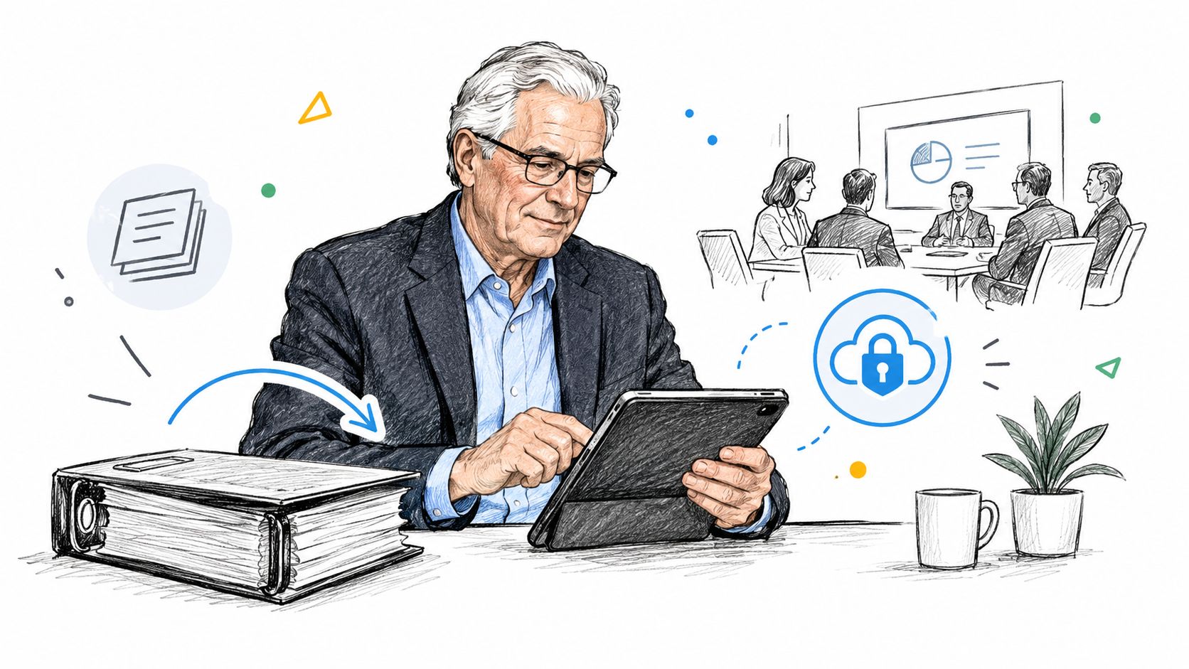 A professional man using a tablet with a secure cloud icon and office meeting sketch overlay