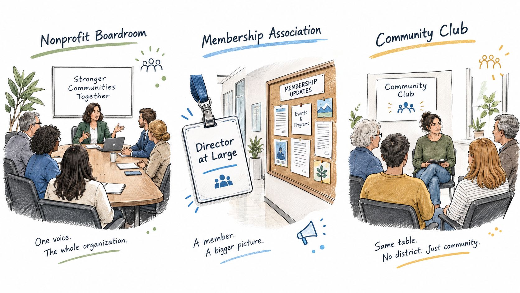 An illustration showing three different organizational structures: a nonprofit boardroom, a membership association, and a community club.
