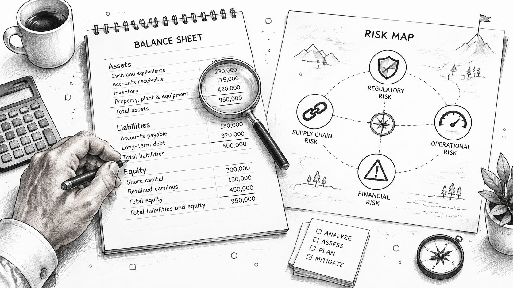 A hand writes on a balance sheet next to a risk map and financial analysis tools.