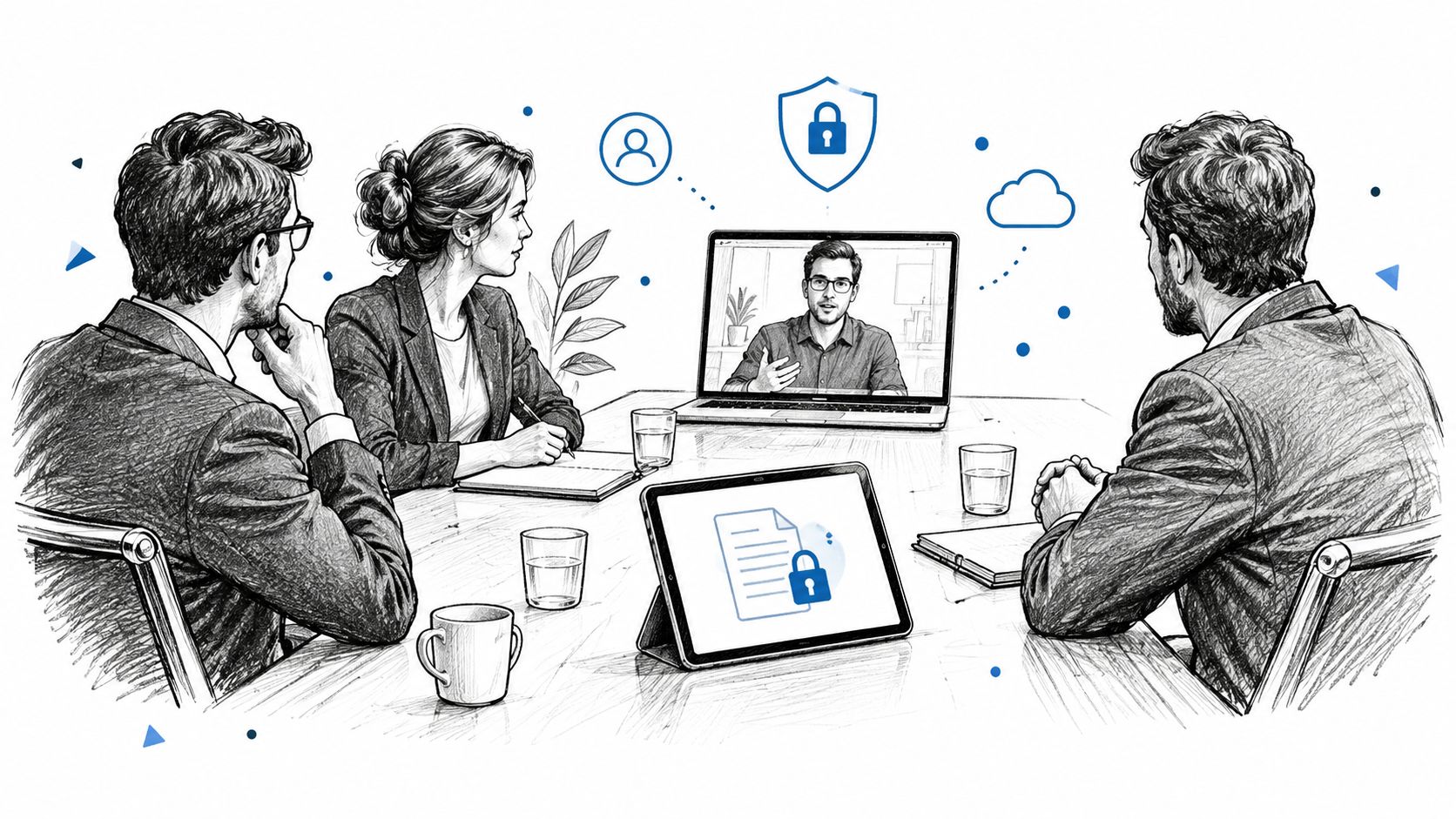 A professional business team in a meeting room, communicating via video conference with secure digital documents.