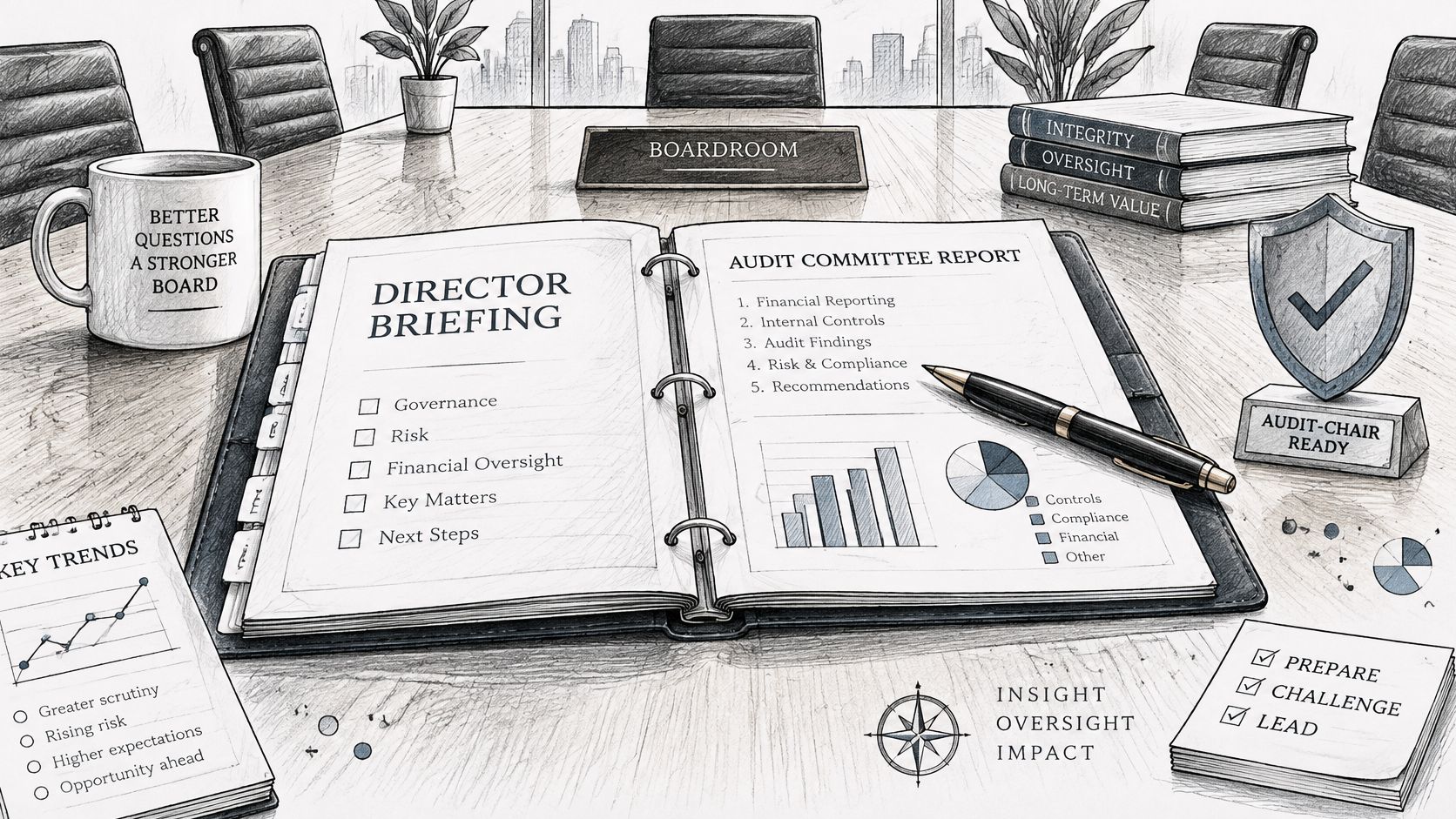 A professional boardroom desk featuring an open director briefing book, audit committee report, and strategic planning tools.