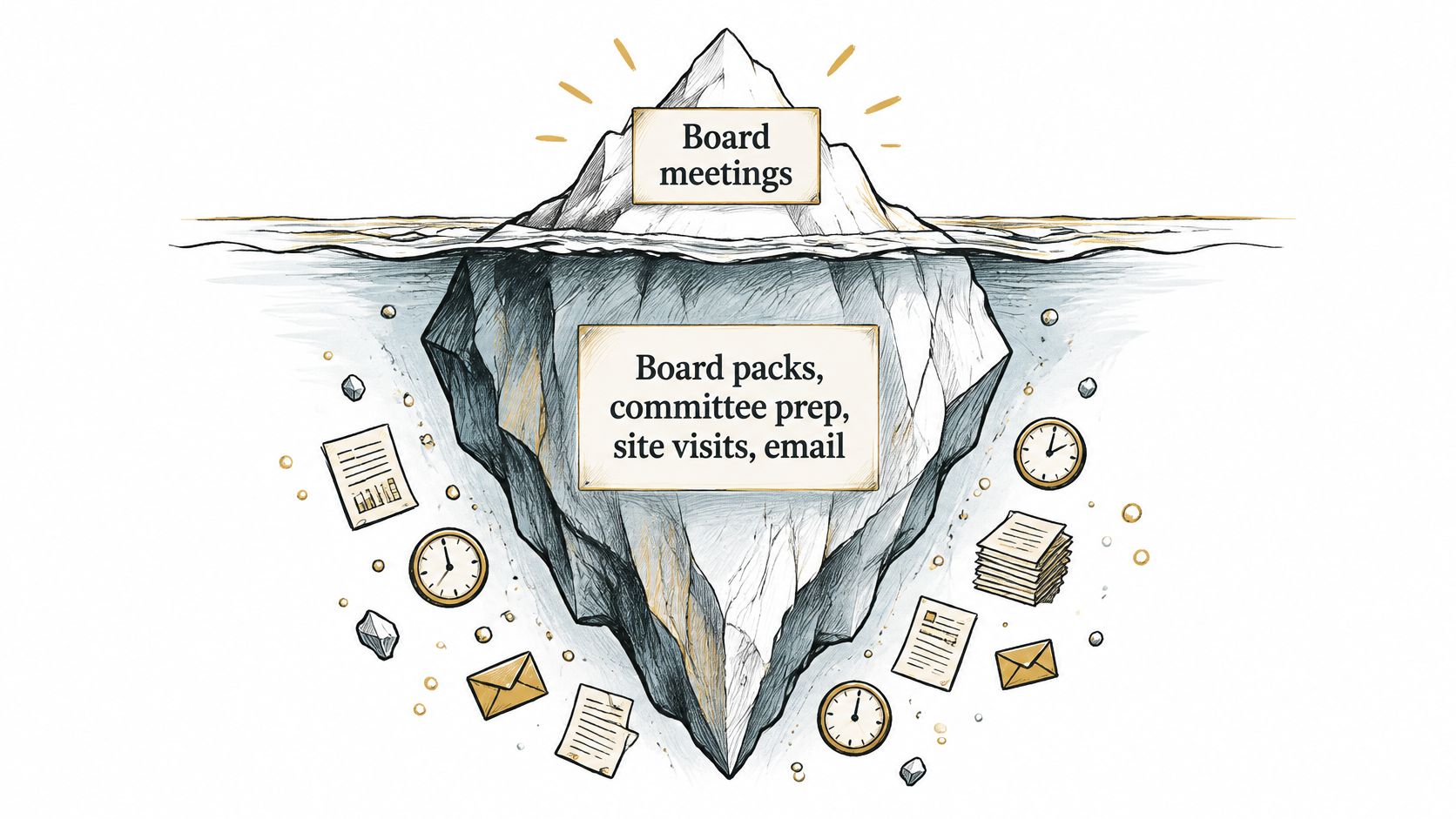 An iceberg illustration showing visible board meetings above water and hidden administrative work beneath the surface.