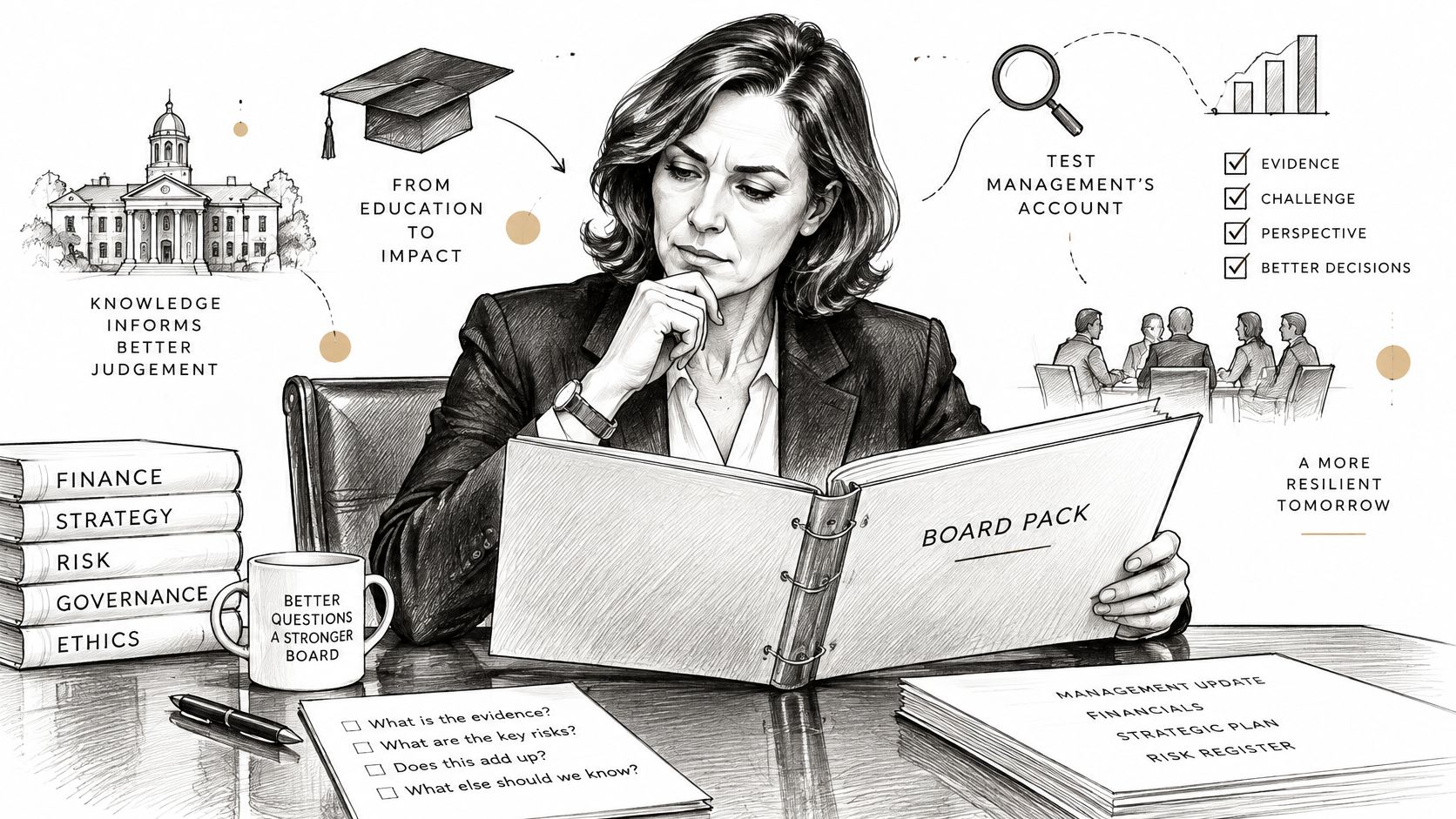 A professional woman studying a board pack document at a desk with strategic business planning materials.