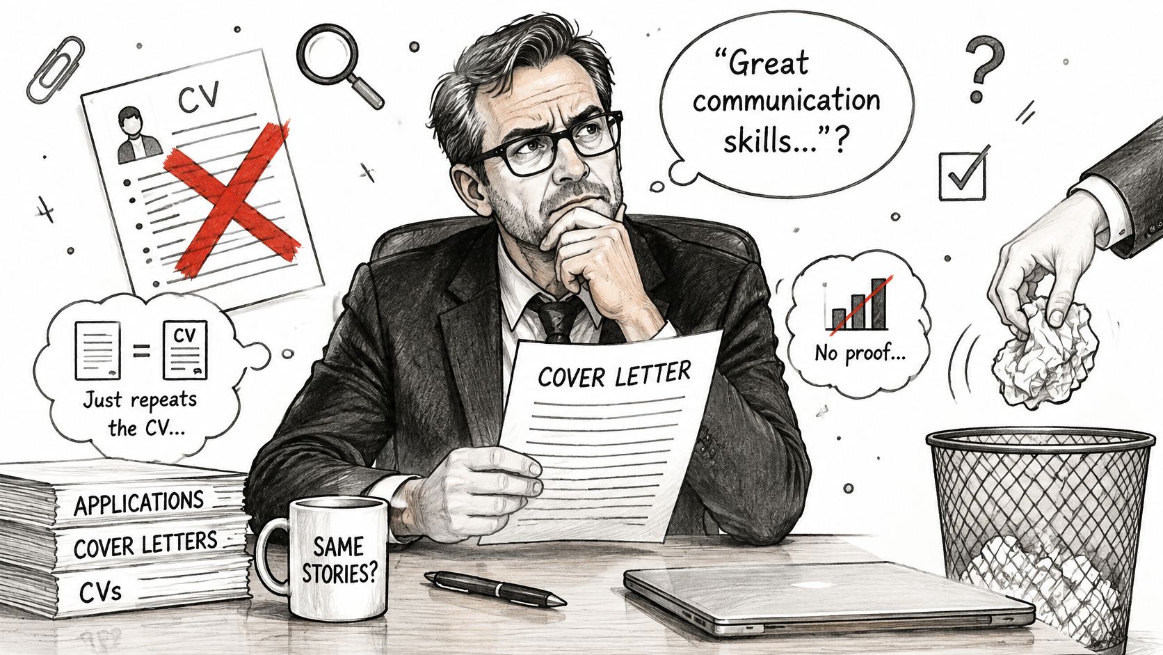 A concerned hiring manager reviewing a repetitive cover letter while discarding ineffective job applications into a bin.