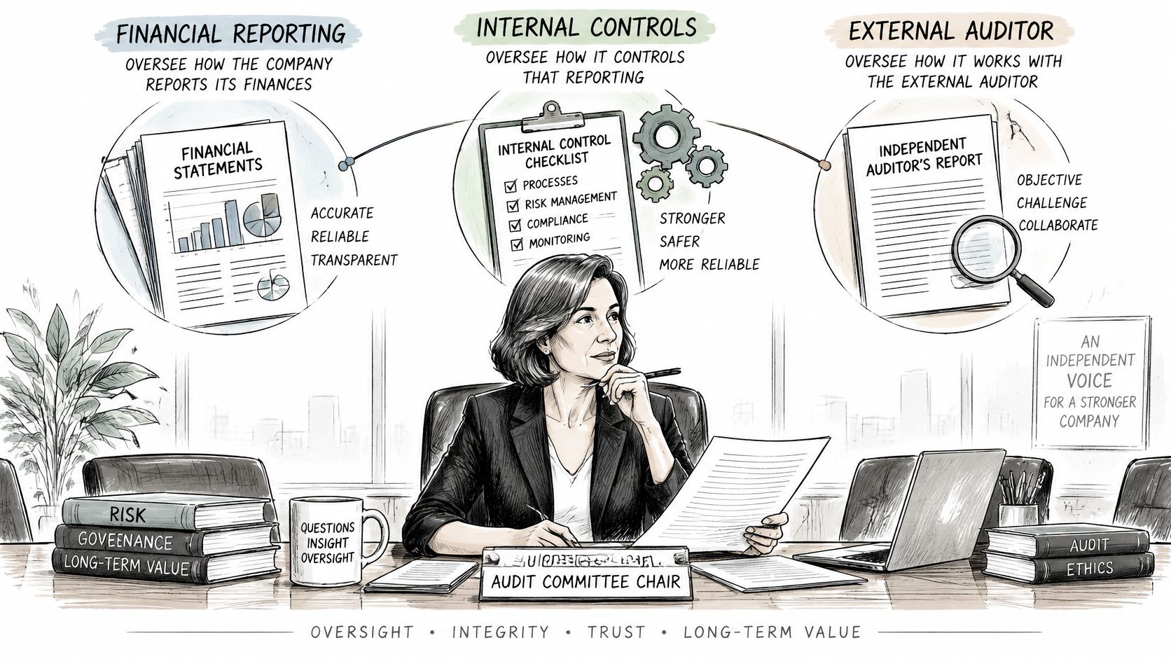 An audit committee chair oversees financial reporting, internal controls, and the external auditor in a corporate setting.
