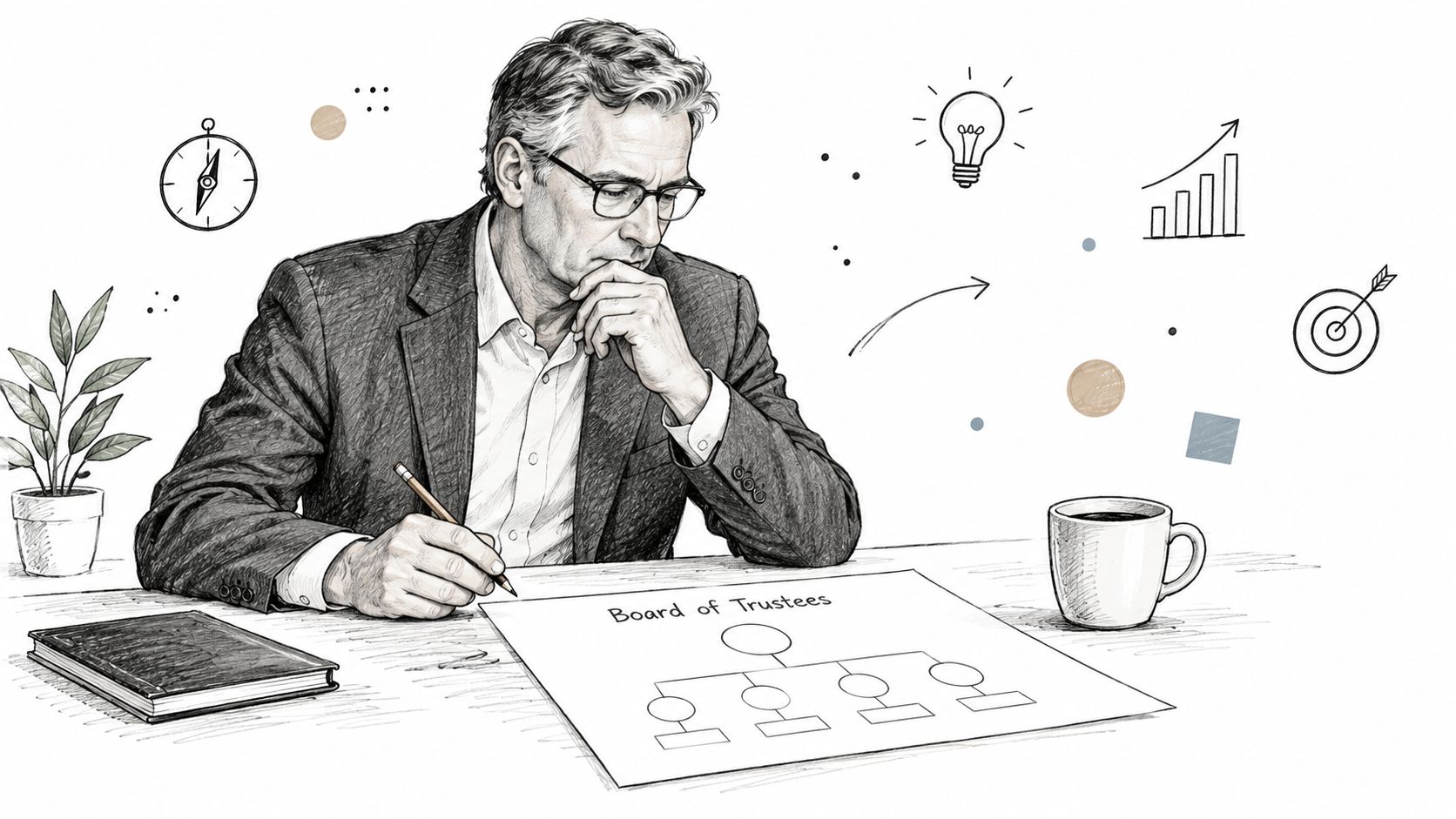 A professional man sitting at a desk sketching an organizational chart for a Board of Trustees.