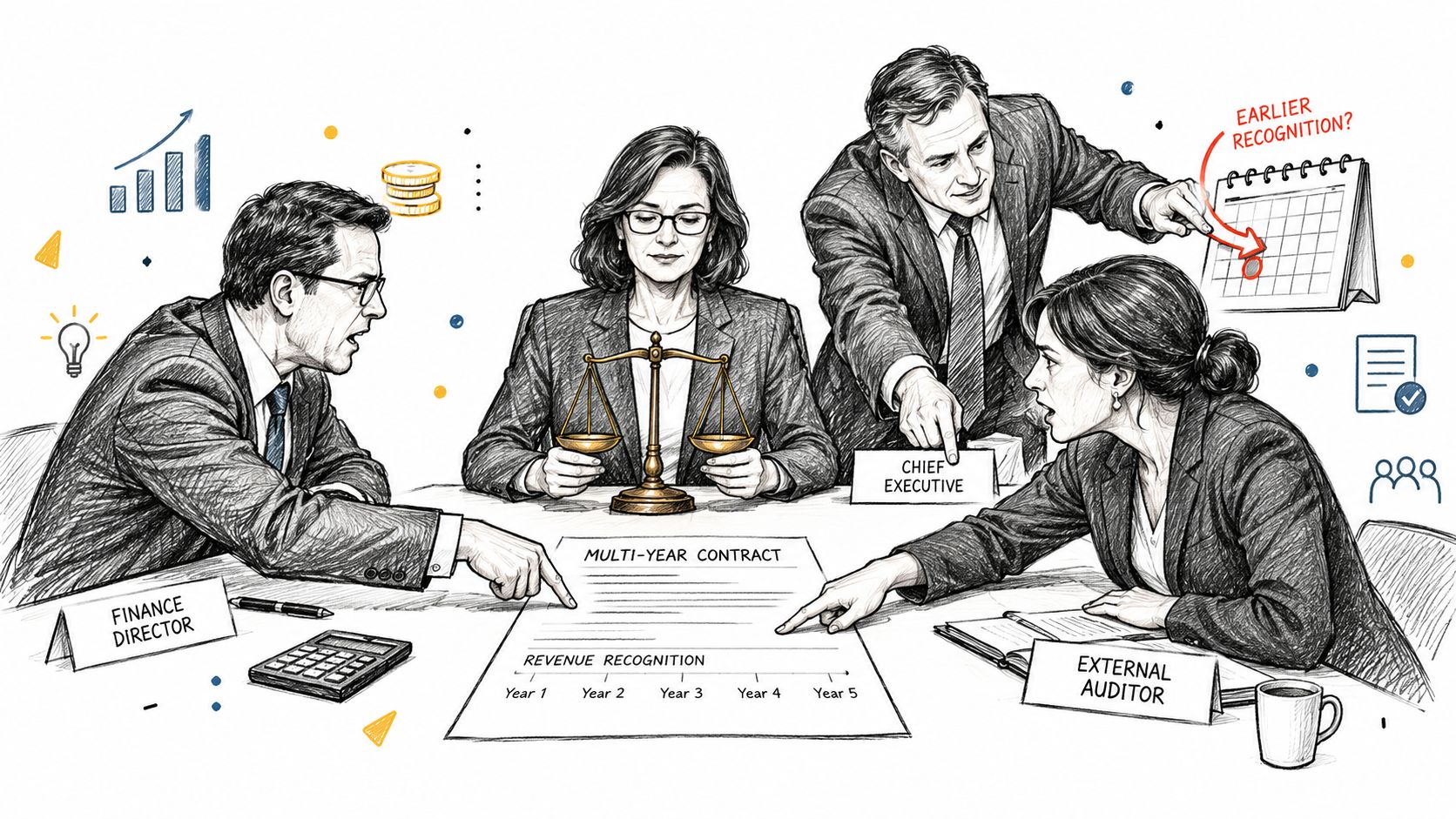 A diverse group of professionals discussing a multi-year contract and revenue recognition in an audit committee meeting.