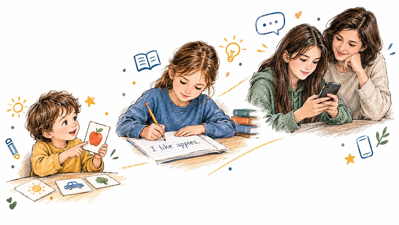 Una ilustración mostrando el progreso de aprendizaje de niños, desde tarjetas didácticas hasta escritura y tecnología asistida.