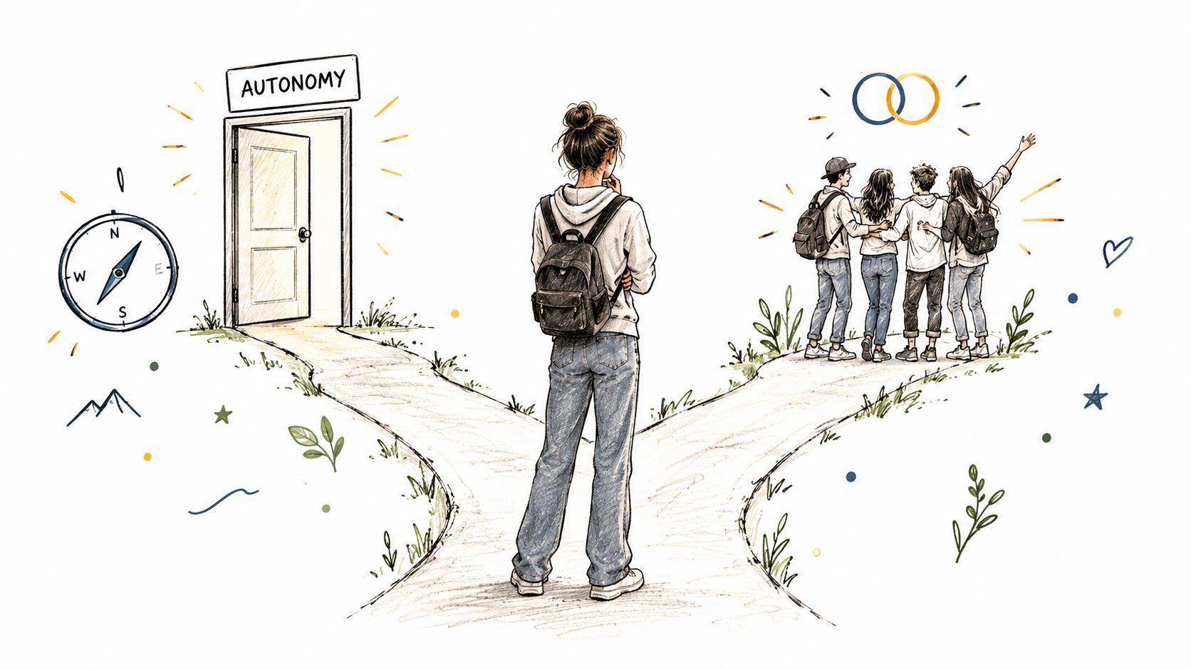 Una estudiante adolescente frente a una bifurcación eligiendo entre la autonomía individual y la conexión social grupal.