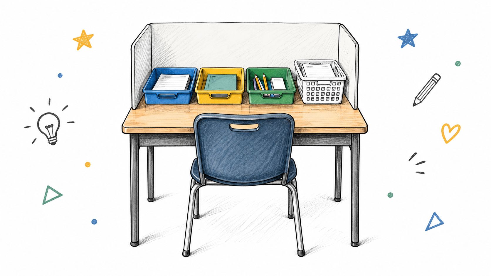 Un escritorio escolar organizado con separadores de privacidad y cajas de colores para organizar materiales educativos.