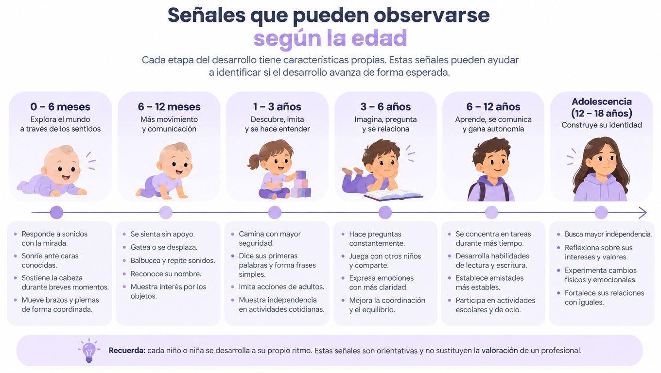 Infografía que muestra las etapas del desarrollo infantil, desde los 0 meses hasta la etapa de la adolescencia.