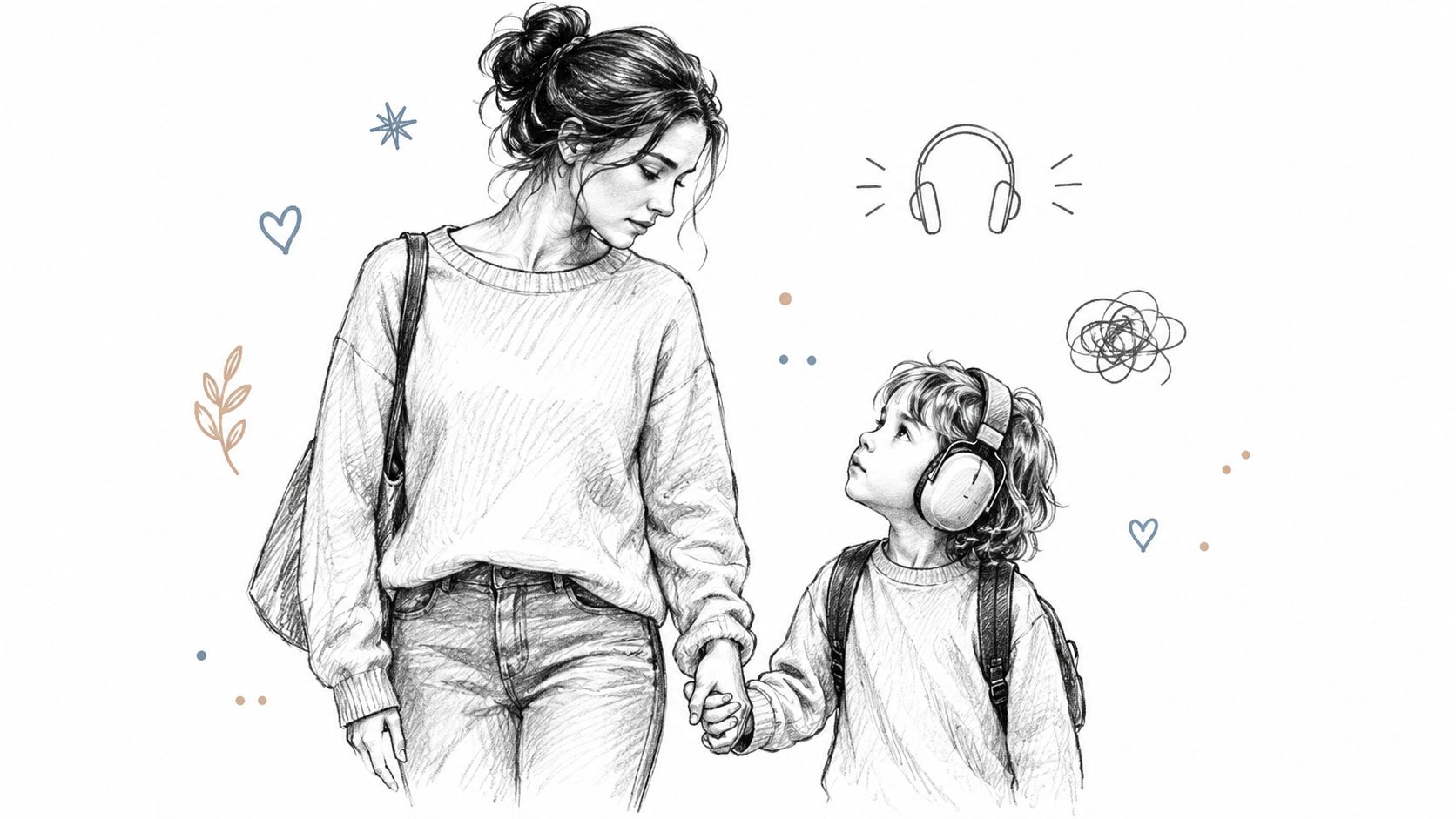 Una madre sostiene de la mano a su hijo con auriculares mientras ambos se miran afectuosamente