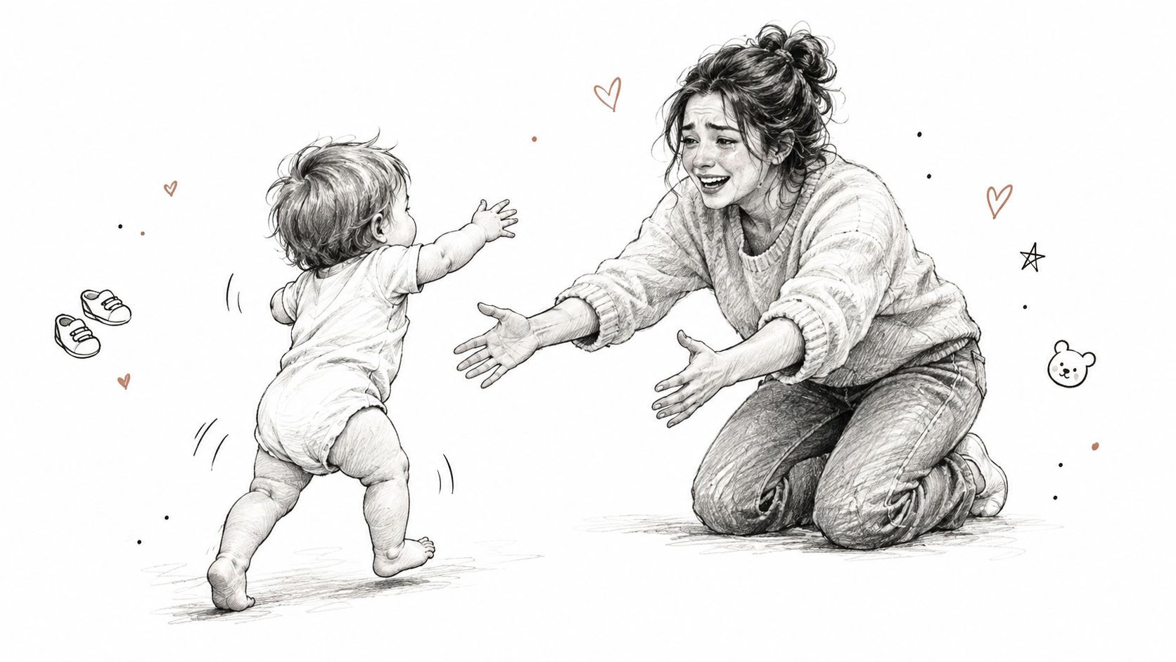 Una madre emocionada con lágrimas en los ojos esperando a su bebé mientras da sus primeros pasos.
