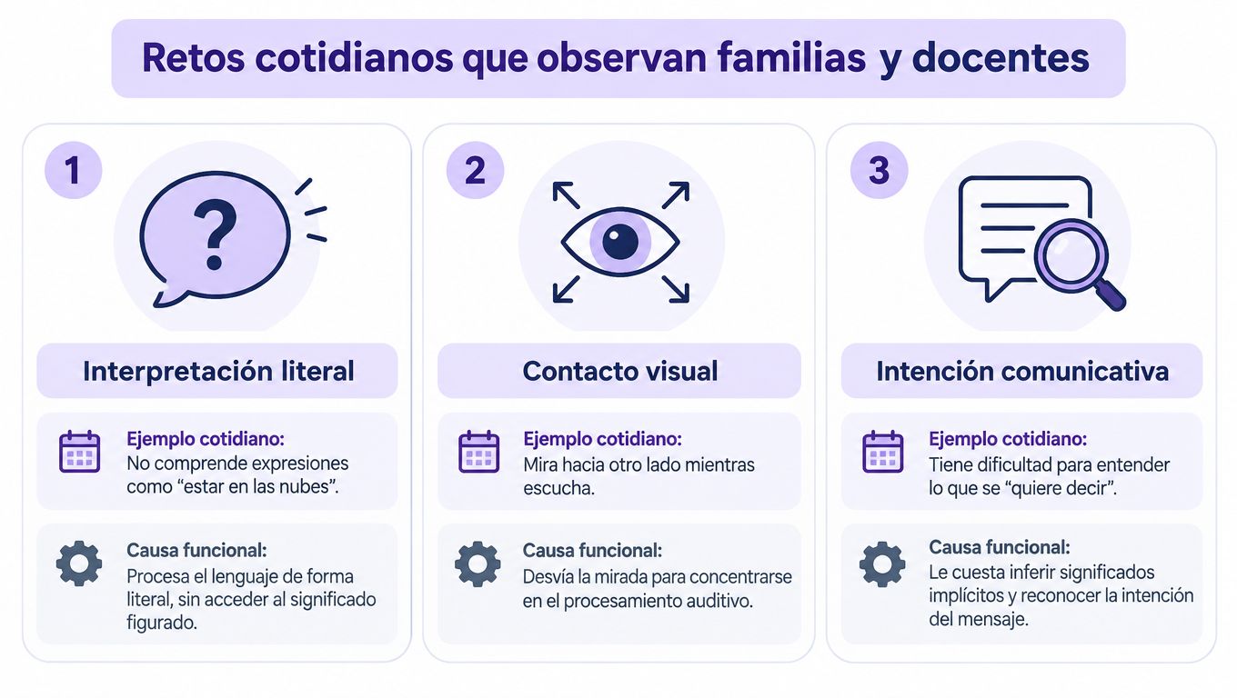 Infografía sobre retos de comunicación en personas con TEA, incluyendo interpretación literal, contacto visual e intención comunicativa.