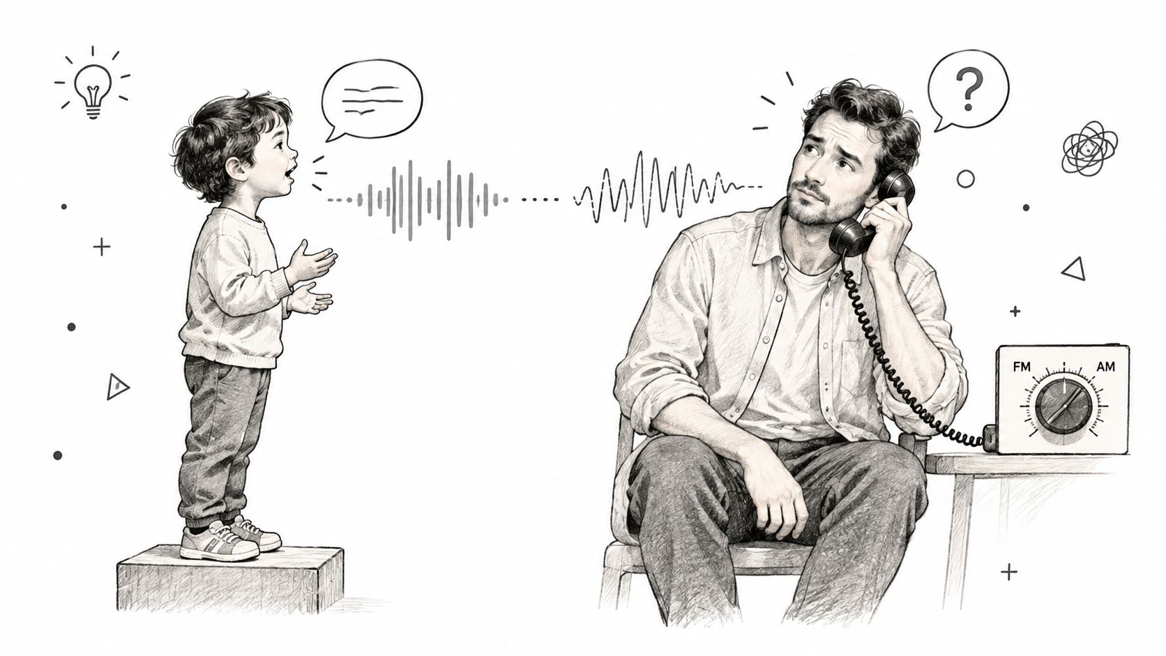 Ilustración en blanco y negro de un niño hablando mientras un adulto confundido escucha por teléfono