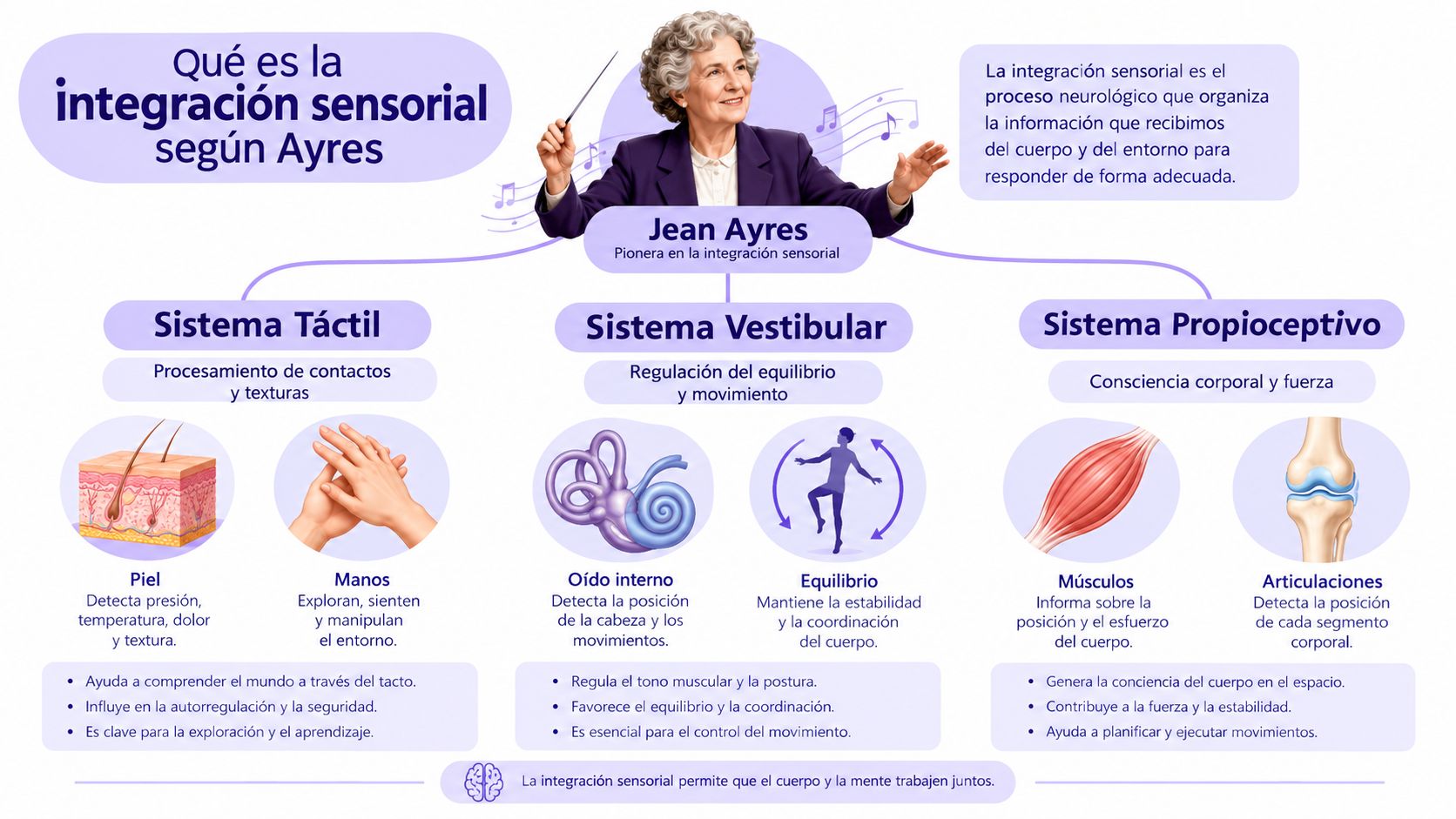 Infografía sobre la integración sensorial según Jean Ayres, explicando los sistemas táctil, vestibular y propioceptivo del cuerpo.