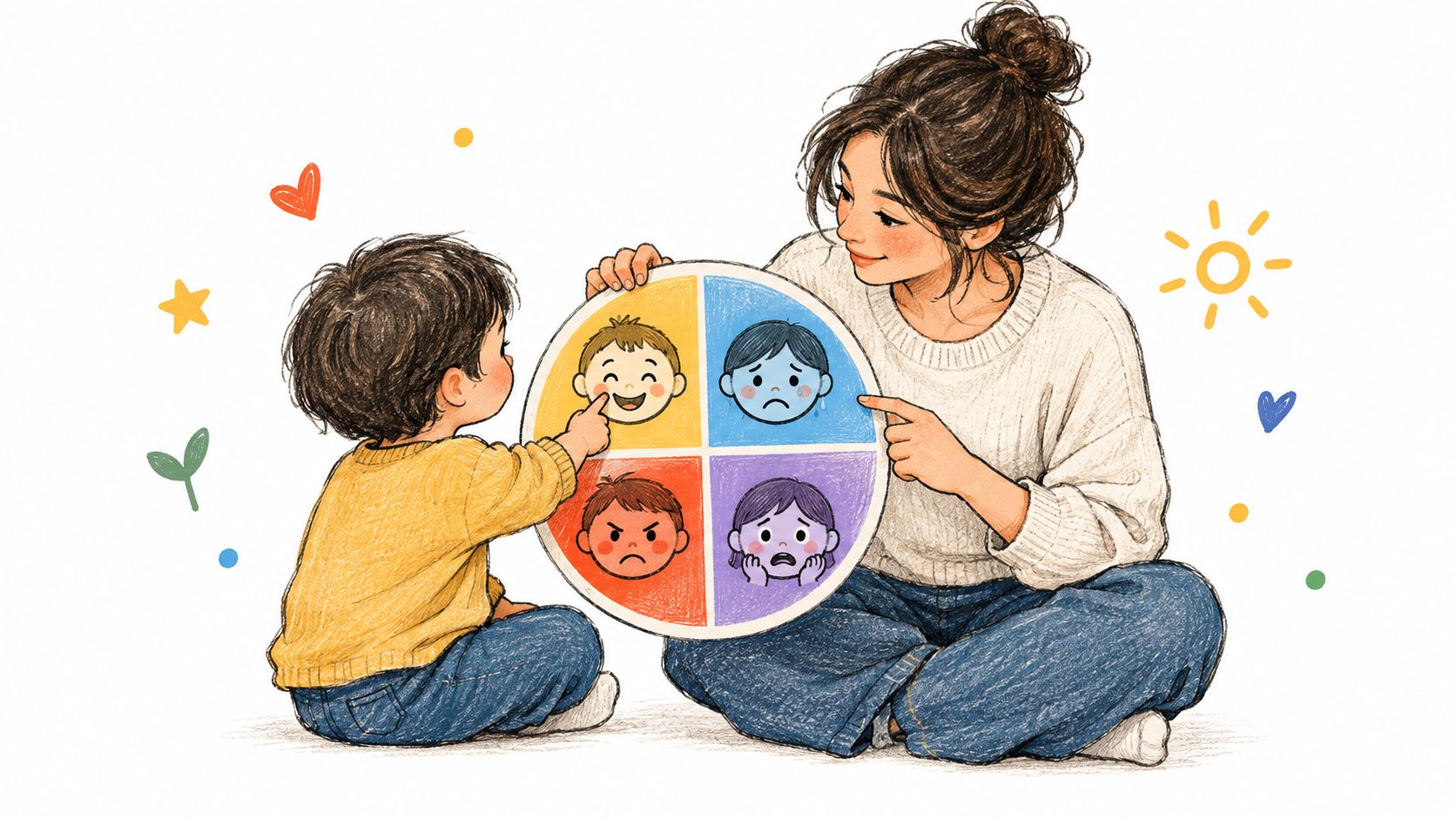 Una madre y su hijo pequeño identificando diversas emociones en un círculo educativo de colores.