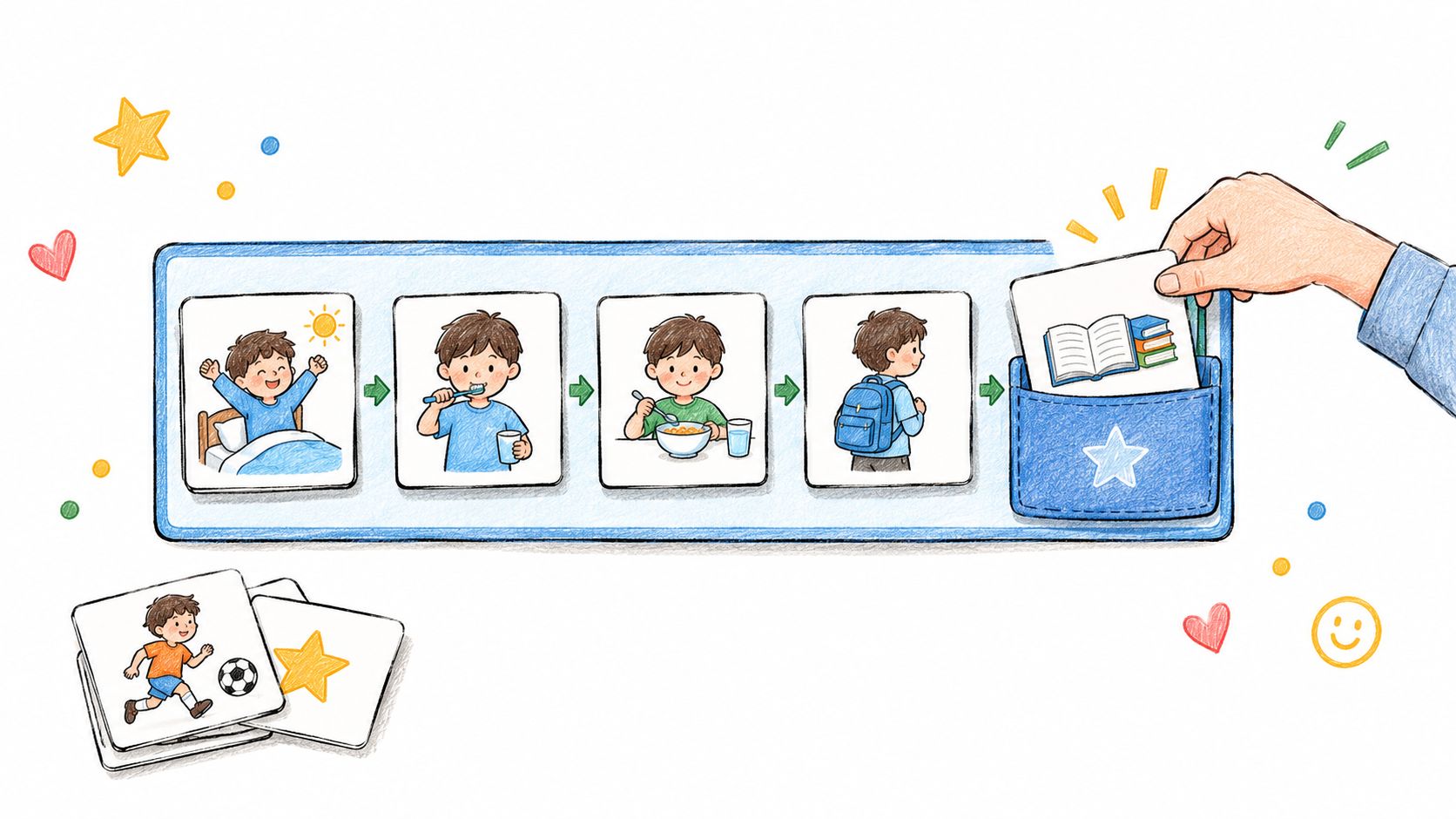 Ilustración de rutina diaria para niños con tarjetas que muestran actividades matutinas ordenadas secuencialmente en un panel.