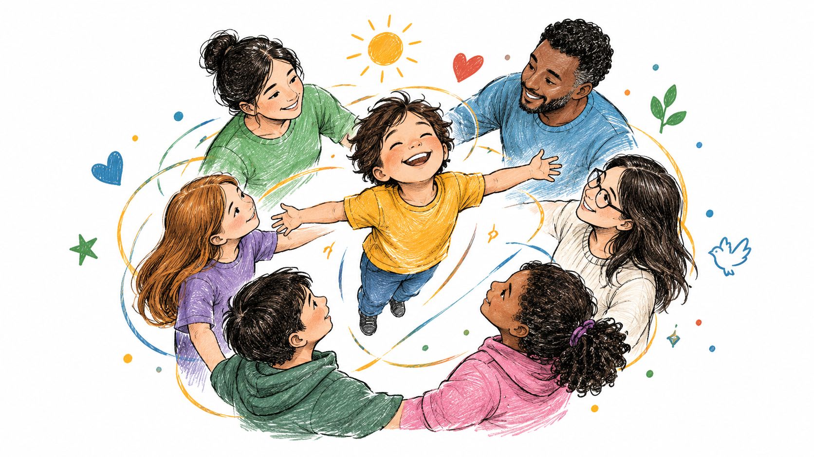 Un grupo diverso de personas rodeando con cariño a un niño feliz en una ilustración colorida.