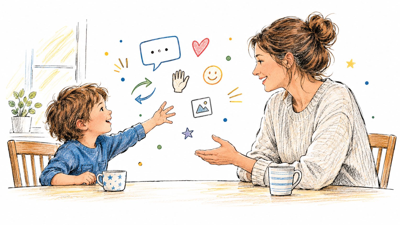 Una madre y su hijo pequeño interactuando con iconos que representan comunicación y herramientas de apoyo visual