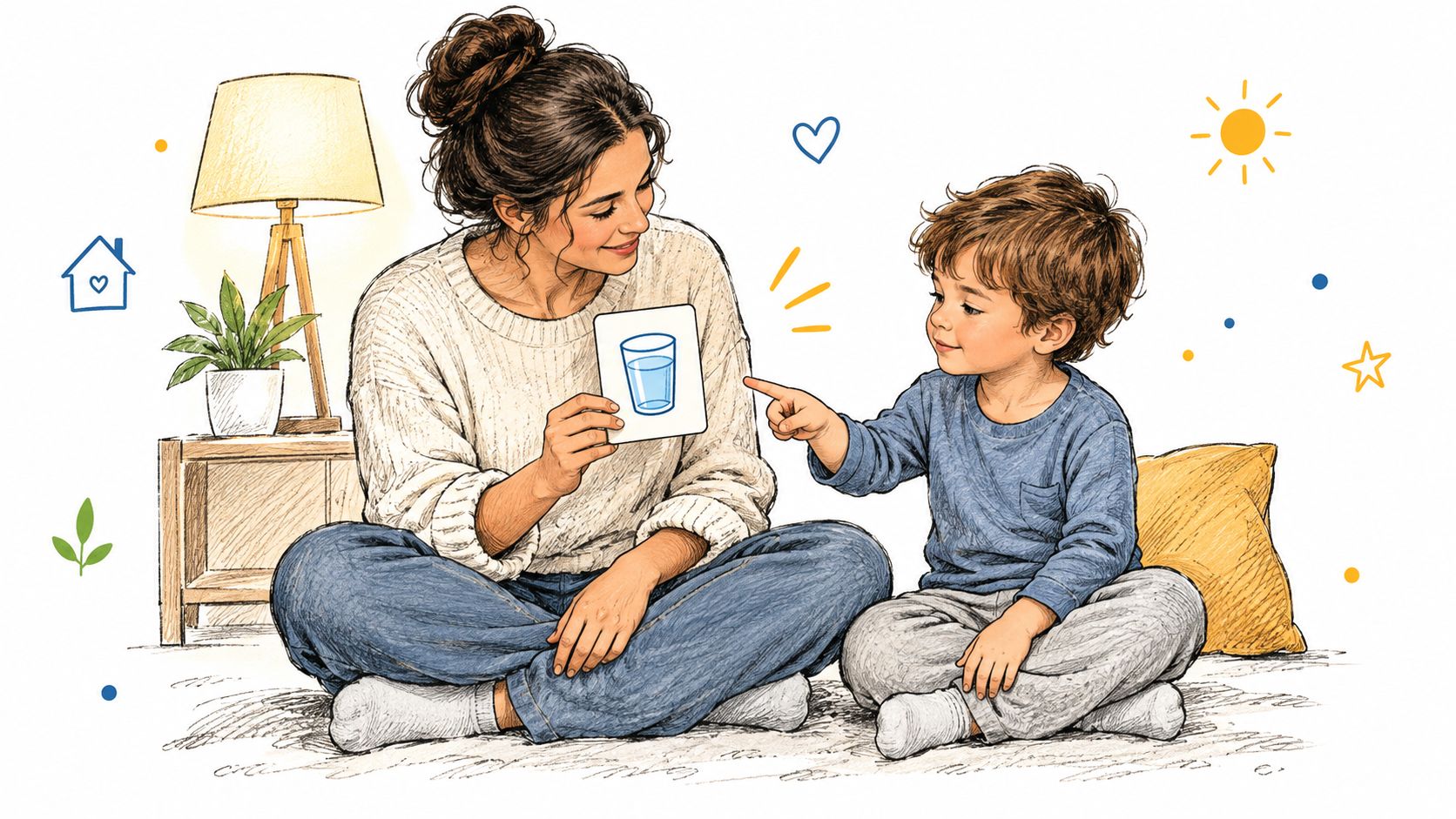 Una madre sonriente enseña a su hijo pequeño un pictograma de un vaso de agua en casa.