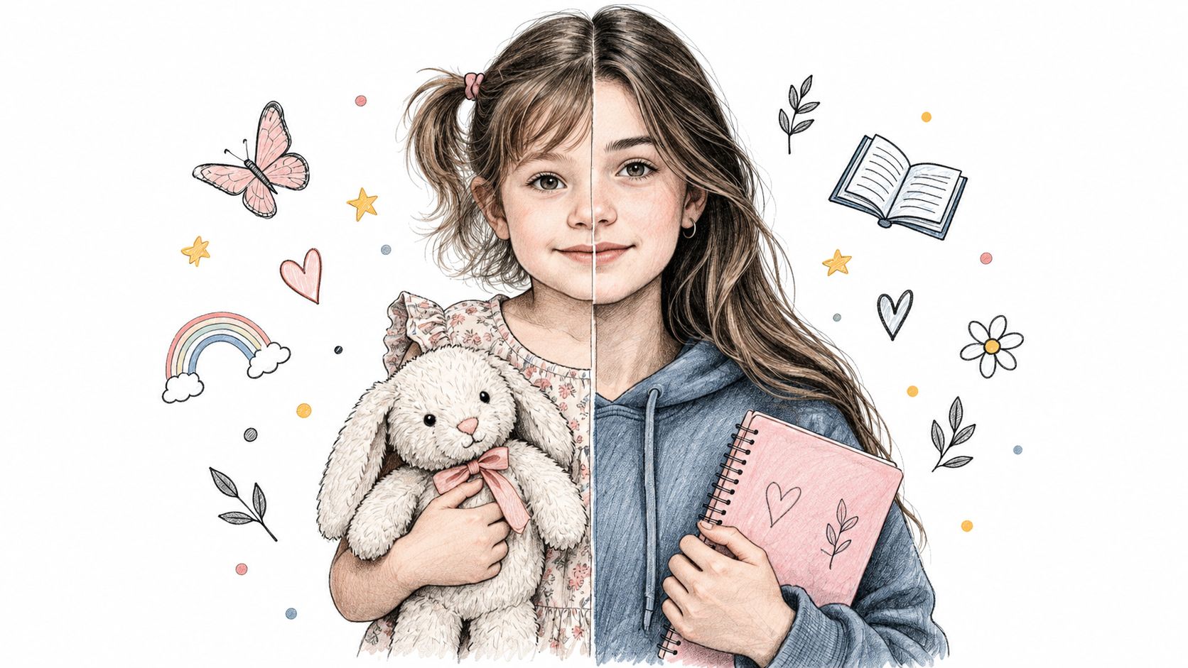 Representación artística de una niña mostrando la transición entre su infancia temprana y su etapa adolescente.