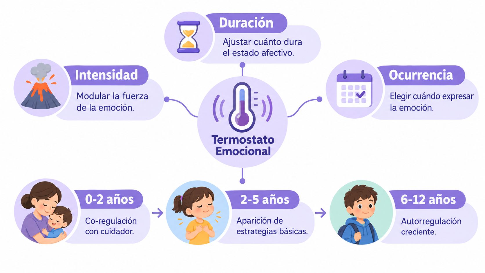 Diagrama del termostato emocional infantil mostrando la regulación emocional por etapas de edad y factores clave.