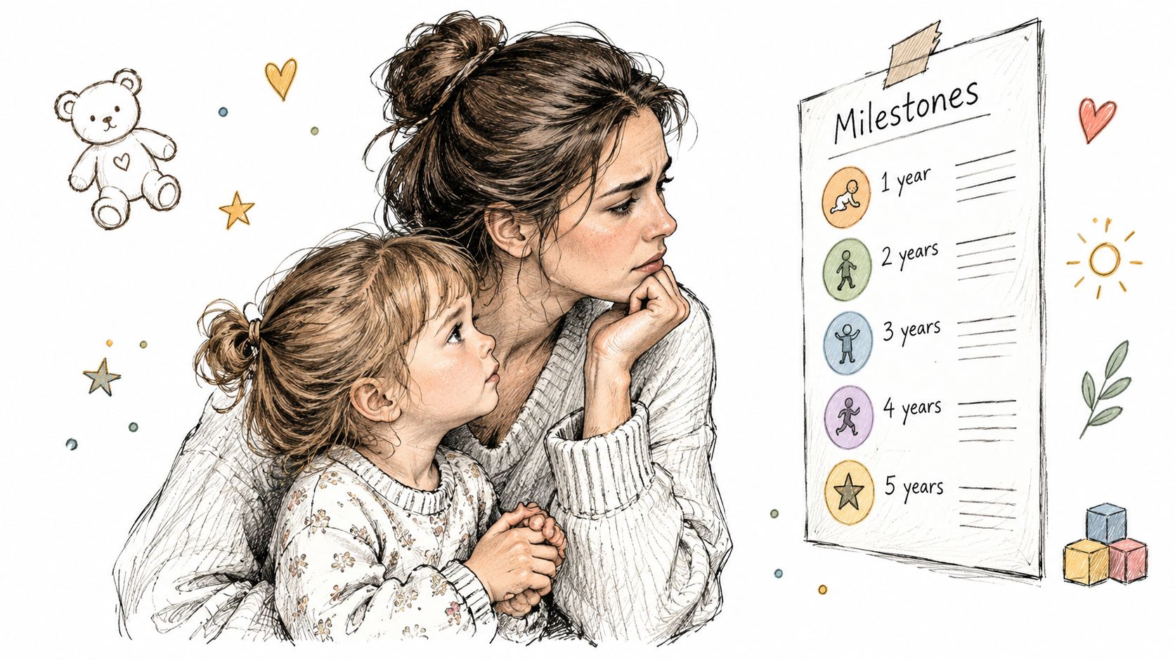 Una madre preocupada observa una lista de hitos de desarrollo infantil mientras abraza a su pequeña hija.