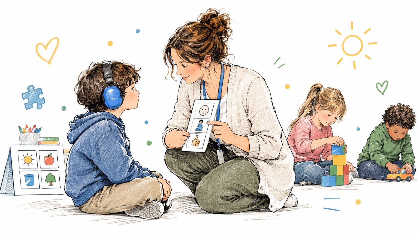 Una terapeuta interactúa con un niño con auriculares mientras otros niños juegan en el aula