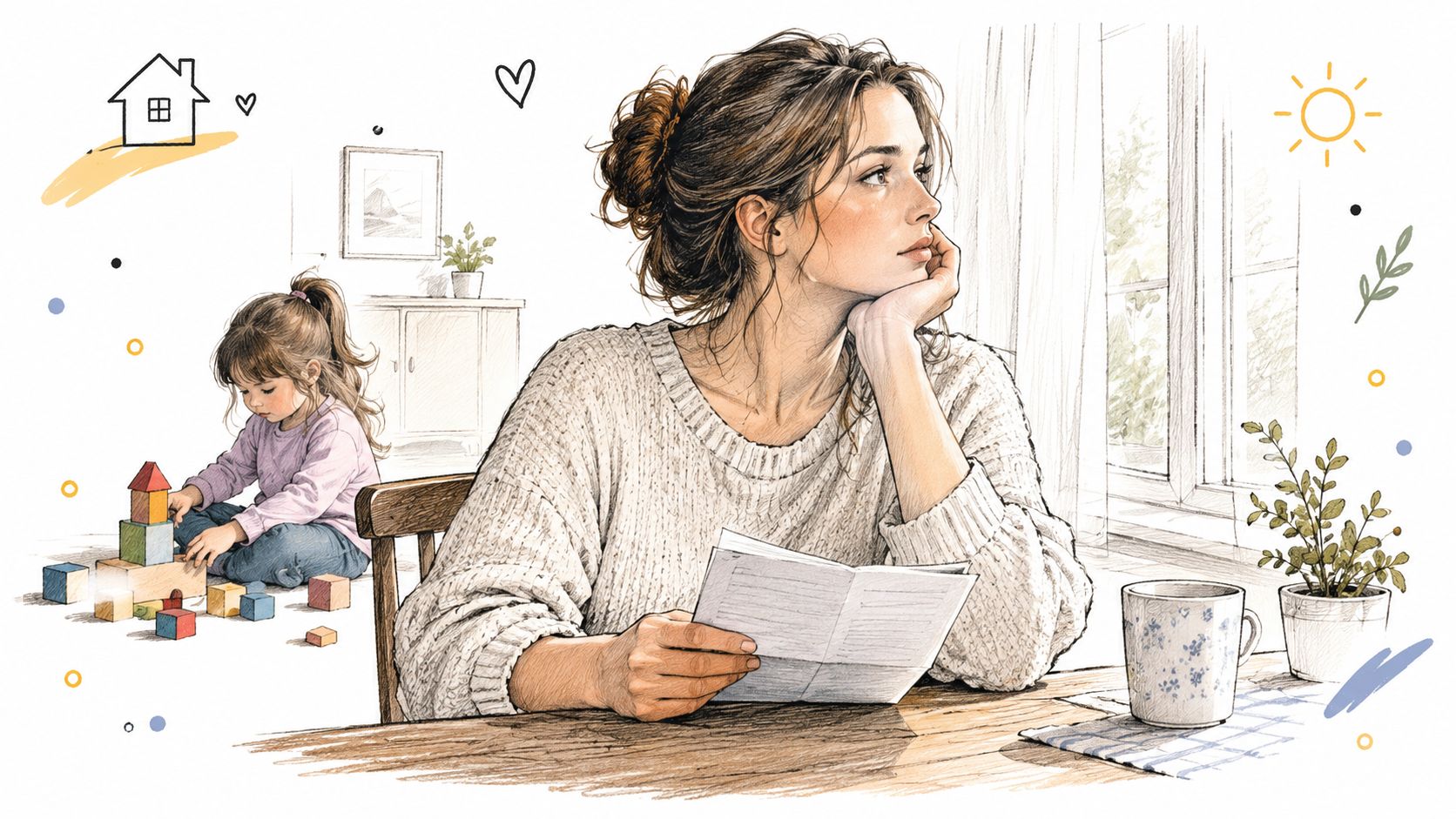 Una madre sentada a una mesa leyendo documentos mientras su pequeña hija juega con bloques coloridos.