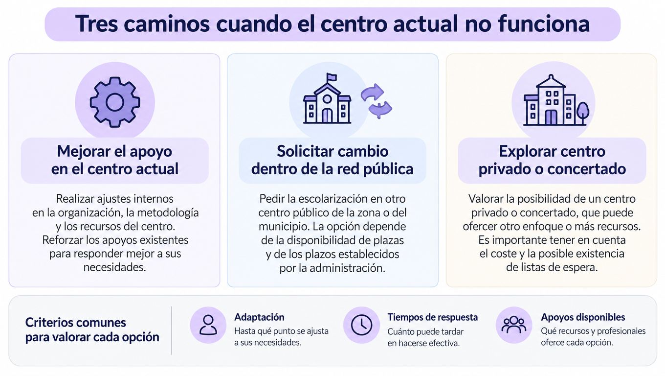 Infografía sobre tres caminos para afrontar problemas en el centro escolar actual y criterios de valoración.