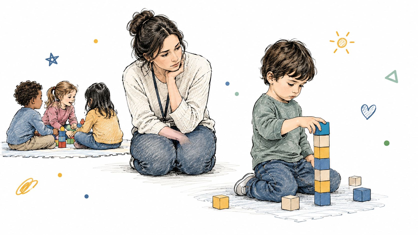 Una maestra observa a niños pequeños jugando con bloques de madera en un entorno escolar inclusivo.